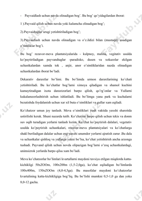 up ko’chat tayyorlab jiladigni meva ko’chatzorlarni tashkil qilish loyixasining chizmasi bo’lim: a) ekin maydoni, b) ko’chat qilib ekilgan daraxt , v) payvantaglar urug’i yetishtiriladigan maydon, 1-1u uchastka kvartallari nomeri, 1-kletkalar, 2-ixota daraxtlari, 3-sug’orish shoxobchalari, 4-aylanma yo’l, burum chizig’i, va dala yuli, yullar, 5-xo’jalik ichki, 6-kvartallararo, 7-kletkalararo, 8-piyodalar uchun, 9-trubalar va ko’priklar, 10-qatorlar yunalishi. ekin maydoni bo’limlarida kletkalar eni 25-40m qilib olinadi. xamda 1-2m.li yo’lcha koldirilgan xolda olinadi. bir yilga xisoblangan 150 ming tup ko’chat tayerlab eqiladigan uzum ko’chatzorini tashkil qilish loyixasi ni chizmasi. a) ko’chat qilib ekilgan tokzorlar, b) payvaidtaglar bo’limi, 1-1u-uchastka kvartallarni iomeri, yullar: 1-kvartallararo, 2-payvaitaglar bo’limi orasidagi, 3- kletkalar orasidagi, 4-ixota daraxtlari, sug’orish shaxobchalari, 6-qatorlar yuialishi. uzum ko’chatzori kvartallarni maydoni 1-2 ga, qatorlar o’zunligi 100 m, tekis joylarda va notekis joylarda esa 50-75 m qilib olinadi. 3. meva, rezavor-meva va uzum yetishtirishni ko’paytirish va taniarxnii pasaytirish rezervlari. meva, rezovor-meva va uzumni yalpi xosilini ko’paytiruvchi tadbir -ularni yetishtirish va …