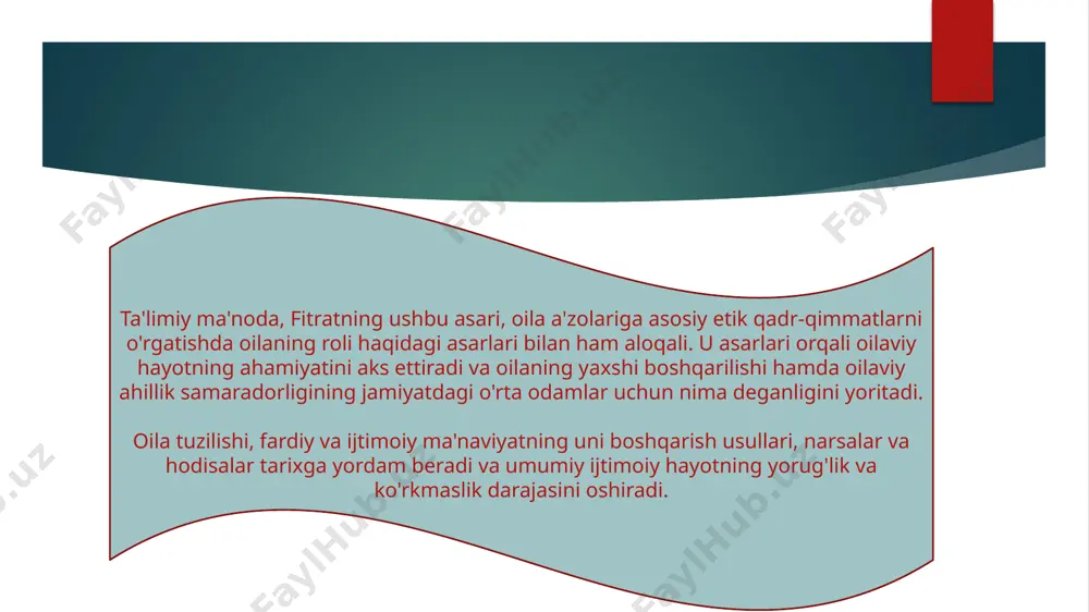 platformadir. oila, bolalar va yoshlar uchun birinchi va eng muhim ta'lim va madaniyat markazi hisoblanadi. 3. e'timodni shakllantirish vazifasi: oila a'zolari bir-biriga ishonch hosil qiladi va shuning natijasida ular bir-birlariga ishonch bildirishni o'rganadi. bu, yosh avlodni o'zlariga ishonchlilik bunday muhim ijtimoiy ko'nikmalarni egallashga yordam beradi. 4. jamiyat hisoblanishini ta'minlash vazifasi: bolalar va yoshlar oilada, jamiyatda qanday muomala qilish, nima qilish va nima qilmashligini bilish uchun ko'nikmalar o'rganadilar. 5. jamoatning axloqiy buniyodini saqlash vazifasi: oila, jamoatchilikning axloqiy buniyodini saqlashga yordam beradi. oila ichidagi axloqiy qadriyatlar va an'analar avlodlar orasida uzatiladi va shuning natijasida ular ijtimoiy tuzilma sifatida saqlanadi. shunday qilib, abdurauf fitratga ko'ra, oila jamiyati shakllantirishning va uni o'rnatishning eng muhim vositasi. image1.jpeg /docprops/thumbnail.jpeg