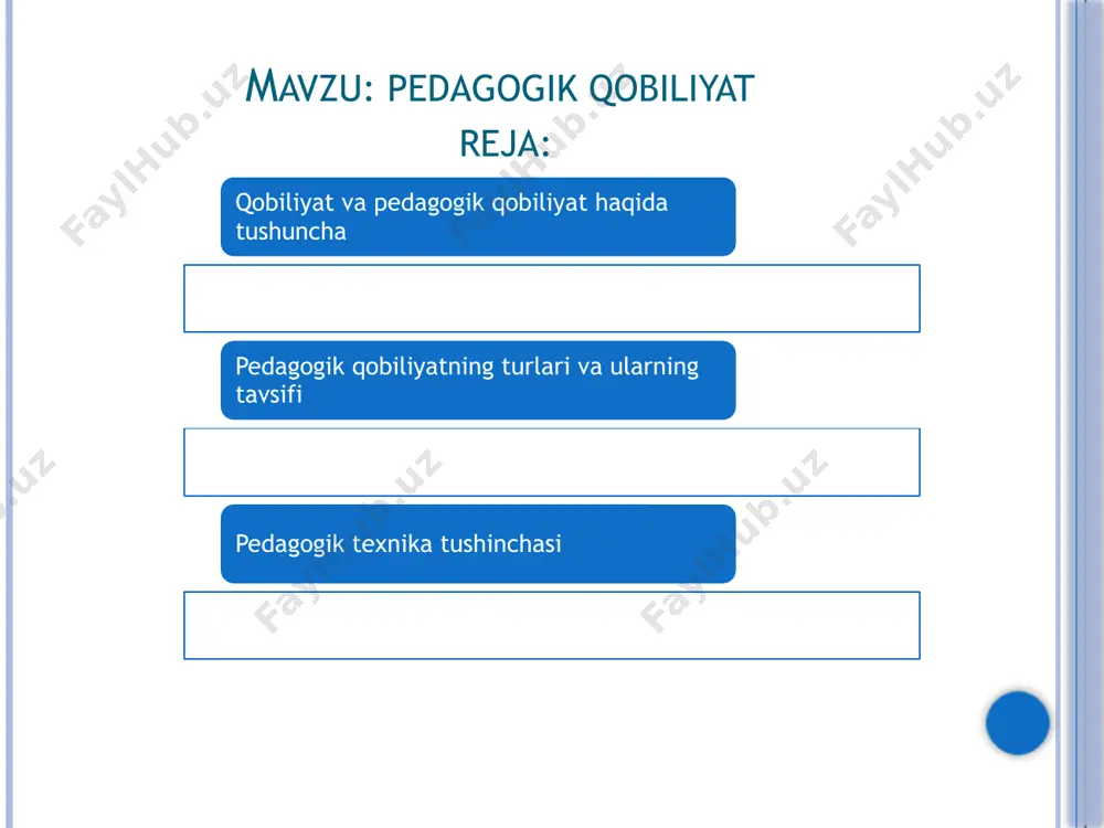 k qobiliyatdir. pedagogik qobiliyat- bu qobiliyat turlaridan biri bo’lib, kishining pedagogik qobiliytlarning tutgan o’rnini izohlab berishga oid samarali tadqiqotlar olib borilgan. pedagogik qobiliyat ham o’z navbatida bir qancha turlarga bo’linadi. dunyo olimlari pedagogik qobiliystni o’zlarining nazariyalariga asoslanib, turlicha guruhhlarga ajratib chiqishgan. f.n.gonobolin pedagogik qobiliyatni quyidagi turlarga ajratishni taklif qilgan. didaktiv qobiliyat akademik qobiliyat pertseptiv qobiliyatlar kommunikativ qobiliyatlar tashkilotchilik qobiliyati avtoritor qobiliyatlar pedagogik xayolot diqqatni taqsimlay olish qobiliyati t.i.gavakov pedagogik qobiliyatni quyidagicha ifodalagan ta’lim oluvchilarni his eta olish qobiliyati kishilar bilan samimi muloqot olib borish, muloqotchlik kasbiy yetuklik irodaviy ta’sir k’rsatish va mantiqiy ishontirish o’z-o’zini boshqara olish qobiliyati ijodiy ishga qobiliyatlilik tarbiyaviy ishni tashkil etish bilan bog’liq qobiliyatlar esa, boshqa shaxslarning ichki hissiyotlarni tushuna olish, tarbiyaviy jarayonda har bir shaxsning o’ziga xos shaxsliklarini hisobga olish , rag’batlantirish, bir- birini tushuna olish, vaziyatga mos ravishda muloqot uslubini tanlay olish, o’zining shaxsiy tajribakarini boshqalarga yetkazib bera olish, o’z ustida mustaqil shug’ullana olish va …