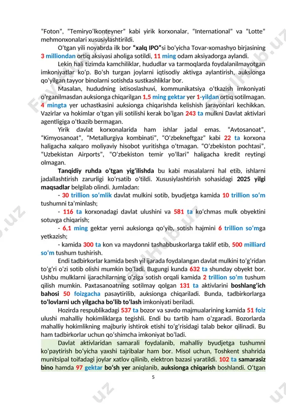 jro va nazorat tizimida ishlash topshirildi. yo‘l qurilishi loyihalari bo‘yicha hisobot berildi 2025-yil 26-mart mamlakatimizda jami 184 ming kilometrdan ziyod avtomobil yo‘li bor. tahlillarga ko‘ra, xalqaro ahamiyatga ega yo‘llarimizning 25 foizi katta yuklamada ishlayapti. masalan, kuniga 32 ming avtomobilga mo‘ljallangan “toshkent – samarqand” yo‘lida 45 mingta transport qatnayapti. tirbandlik sababli ba’zan bunga 6 soatgacha vaqt ketayapti. 2030-yilga borib harakat jadalligi 80 mingdan oshishi mumkin. o‘zbekiston prezidentining 2023-yil 10-oktyabrdagi pq-330-son qaroriga muvofiq, toshkentdan samarqandga va andijonga eltuvchi muqobil yo‘llar qurish ustida ish olib borilmoqda. jumladan, jahon banki ishtirokida “toshkent – andijon” yo‘li loyihalashtirildi. yanvarda uni qurish bo‘yicha xalqaro tender e’lon qilindi. qisqa vaqtda unga 30 dan ortiq nufuzli xorijiy kompaniyalar qiziqish bildirdi. umumiy uzunligi 314 kilometr bo‘lgan bu tezyurar magistral foydalanishga topshirilishi natijasida toshkent bilan andijon orasidagi qatnov vaqti 5 soatdan 3 soatgacha qisqaradi. shuningdek, bu yalpi ichki mahsulotni 2,6 foizga oshirib, avtohalokatlarni 40 foizga kamaytirish imkonini beradi. yana bir loyiha …