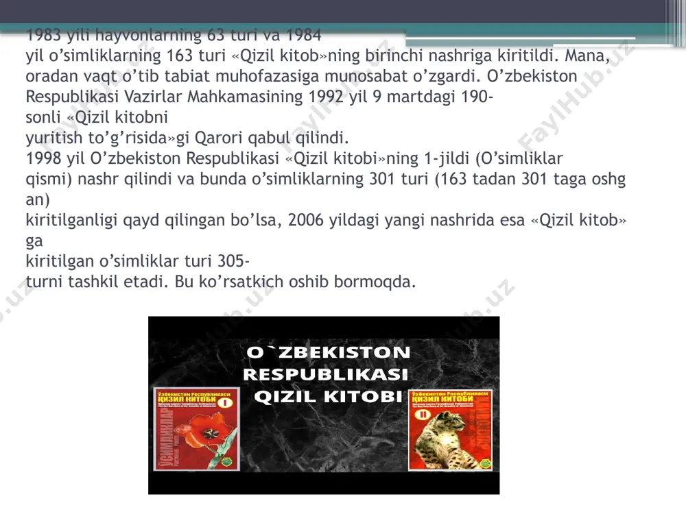 r) inson taʻsiri hamda boshqa salbiy taʻsir qiluvchi omillardan saqlash va sifatini taʻminlash hamda sanoat ishlab chiqarishi, urbanizatsiya koʻlami keskin kengayishi va aholi punktlariga tushayotgan ekologik yukni kamaytirish mexanizmlarini takomillashtirish rejalari ishlab chiqilgan va amalga oshirilmoqda. maydonlarni hozirgi 8 foizdan 30 foizga oshirish rejalashtirilgan. 2021-yil 30-dekabrdagi “respublikada koʻkalamzorlashtirish ishlarini jadallashtirish, daraxtlar muhofazasini yanada samarali tashkil etish chora-tadbirlari” toʻgʻrisidagi farmonida tatbiq etilishi belgilangan “yashil makon” umummilliy loyihasi dasturlarida atrof muhit obʻektlarini (havo, suv, er, tuproq, er qaʻri, bioxilma-xillik, qoʻriqlanadigan tabiiy hududlar) inson taʻsiri hamda boshqa salbiy taʻsir qiluvchi omillardan saqlash va sifatini taʻminlash hamda sanoat ishlab chiqarishi, urbanizatsiya koʻlami keskin kengayishi va aholi punktlariga tushayotgan ekologik yukni kamaytirish mexanizmlarini takomillashtirish rejalari ishlab chiqilgan va amalga oshirilmoqda. maydonlarni hozirgi 8 foizdan 30 foizga oshirish rejalashtirilgan. har kim qulay atrof muhitga, uning holati to’g’risidagi ishonchli axborotga ega bo’lish huquqiga ega. davlat barqaror rivojlanish prinsplariga muvofiq, atrof-muhitni yaxshilash, tiklash va muhofaza qilish, ekologik muvozanatni …