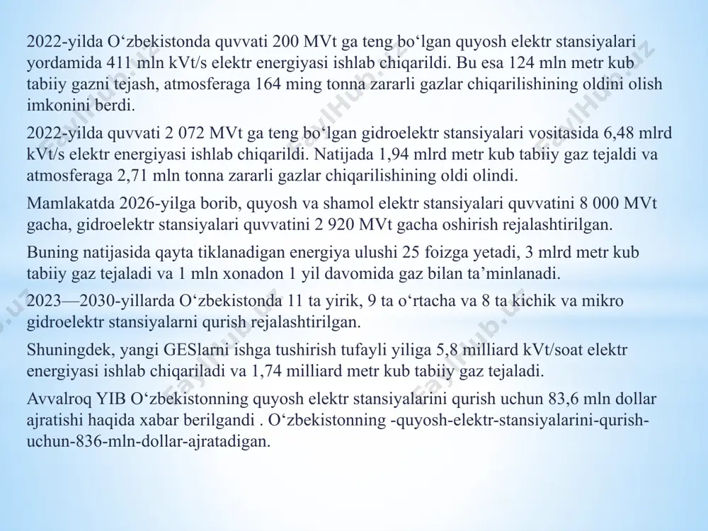 agi asosiy vazifa elektr energiyasi ishlab chiqarish quvvatlarini oshirishdangina iborat bo'lmay, balki atrof-muhit uchun zararsiz bo'lgan “yashil energiya” ishlab chiqarish ko'lamini kengaytirishga ham alohida e'tibor qaratilyapti. mamlakatimizda bu borada 10 yilga mo'ljallangan aniq loyihalar bor. shu vaqt oralig'ida umumiy quvvati 5 ming megavatga teng quyosh elektr stantsiyalari hamda umumiy quvvati 3 ming megavatni tashkil yetadigan shamol elektr stantsiyalarini qurish rejalashtirilgan. energetika vazirligi 2020 yilning 1 fevralida sherobod tumanida osiyo taraqqiyot banki ko'magida fotoelektrik elektr stantsiyasi qad rostlashi bo'yicha dastlabki loyihaga boshlanganini ma'lum qilgan edi. loyiha ushbu bank hamkorligida ishlab chiqilgan 1 gvt quyosh energiyasi hosil qilish dasturining bir qismi bo'lib, unga ko'ra, kamida 200 mvt o'zgaruvchan tok quvvatiga ega quyosh elektr stansiyasi, shu jumladan, yangi 220 kvt kuchlanishli podstantsiya va “surxon – 500 kvt” podstantsiyasiga ulanish uchun jami uzunligi 52 kilometrlik elektr uzatish tarmog'i tortiladi. mamlakatimiz qayta tiklanadigan energiya manbalari loyihalarida qatnashish bo'yicha yaxshi shartlarni taklif qilgan yirik kompaniyalar bilan …