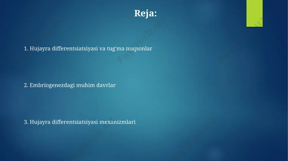 ingi birinchi yil davomida sinaptogenez va miyelinatsiya jarayonlari intensiv davom etib, bola miyasining funksiyalarining rivojlanishiga, o'rganish va xotira qobiliyatining shakllanishiga olib keladi. 12-16 haftalik davrda miya yarimsharlari faol rivojlanadi, korteksning asosiy joylashuvi aniqlanadi va sensorli motorli funksiyalarni boshqaruvchi hududlar shakllana boshlaydi. ushbu davr miya rivojlanishining muhim bosqichidir. gastrulyatsiya va uning ahamiyati gastrulyatsiya davrida hujayralar harakati va oʻzaro ta’siri orqali 14 kun ichida blastuladan gastrula hosil boʻladi, bu embrional rivojlanishning muhim bosqichi hisoblanadi. gastrulyatsiya jarayonida 3ta asosiy qatlam – ektoderma, mezoderma va endoderma hosil boʻlib, ular keyinchalik tananing 200 dan ortiq turli xil toʻqimalari va organlariga differentsiatsiyalanadi. organogenez bosqichlari organogenezning dastlabki 3 haftasi ichida asosiy organ tizimlari, masalan, yurak, miya va orqa miya kabi tuzilmalar shakllanib, 22-24 kunlarda yurak urishi boshlanadi. organogenez jarayonida hujayralar o'zaro ta’sirlashib, signal molekulalari orqali 100 dan ortiq turdagi hujayralar vujudga keltiradi va murakkab to'qimalarni hosil qiladi. ekstremitalarning rivojlanishidagi muhim davrlar apoptoz jarayoni qo'l va oyoq barmoqlarining …