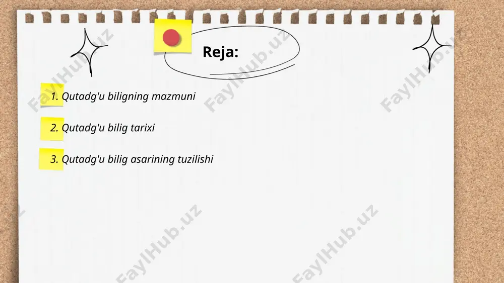"qutadg'u bilig"ning strukturasida didaktik elementlar katta ahamiyatga ega. ... t.me/slaydai_bot 4. yozilishi davri 4. yozilishi davri (old turkic yozilishi davri) 7-asrdan 13-asrgacha davom etgan davr bo‘lib, bu davrda turkiy tillarda yozilgan eng qadimiy yozuvlar paydo bo‘lgan. ayniqsa, orxun-enasoy kitoblari bu davrning eng muhim yozma yodgorliklari sifatida e’tirof etiladi. bu yozuvlar ko‘kturk davlati davrida yaratilgan va asosan runik yozuvda bitilgan. yozuvlar turkiy xalqlarning tarixiy, madaniy va ijtimoiy hayotini aks ettiradi. davrning boshqa muhim yozuvlari talas va yenisey yozuvlari hisoblanadi. ushbu yozuvlar turkiy xalqlar tarixini o‘rganish uchun muhim manba bo‘lib xizmat qiladi. qutadgʻu bilig yusuf xos hojib e'tiboringiz uchun raxmat! image1.jpg image2.png image3.jpg image4.jpg image5.jpg image6.jpg /docprops/thumbnail.jpeg