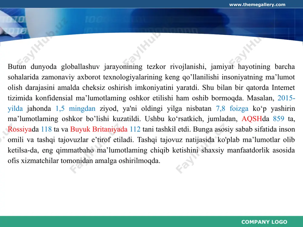 i loyihalashtirish jarayoniga sarf qilinayotgan vaqt iqtisodi, telekommunikatsion tizimlar va qurilmalar bozoridagi sobitqadam sifat o‘zgarishi natijasida raqobatbardoshlik talablari oshib bormoqda. company logo www.themegallery.com axborot xavfsizligi tahdidlari turli belgilar orqali tavsiflanishi mumkin: axborot yashirinligini buzish, asosan inson omili yoki muhofaza apparat ta’minoti faoliyatini izdan chiqarish; ma’lumotlar mazmunini o‘zgartirishga doir ruxsatsiz faoliyatlar orqali axborot yaxlitligiga zarar yetkazish; axborot foydalanuvchilariga kompyuter viruslari orqali tahdidlar; axborot xavfsizligiga ichki va tashqi tahdidlar; axborot xavfsizligi buzilishida global, hududiy va lokal tarmoqlar tahdidlari. company logo www.themegallery.com axborotlarni himoyalashda avvalo tashqi tahdidga e’tibor qaratilishi kerak. quyidagi rasmda axborotdan beruxsat foydalanish mumkin bo‘lgan kanallar ko‘rsatilgan: company logo www.themegallery.com axborot xavfsizligini ta’minlash uchun tashkiliy, texnik va dasturiy vositalardan foydalaniladi. company logo www.themegallery.com tashkiliy vositalar tarkibiga texnik-tashkiliy va huquqiy-tashkiliy tadbirlarni kiritishimiz mumkin. company logo www.themegallery.com texnik-tashkiliy tadbirlarda xavfsizlik choralarini ta’minlash uchun ofis xonasidagi kompyuter, telefon, televizor, radio, signalizatsiya va shunga o‘xshash axborot chiqish ehtimoli bo’lgan barcha vositalar ro‘yxatdan o‘tkaziladi. company logo …
