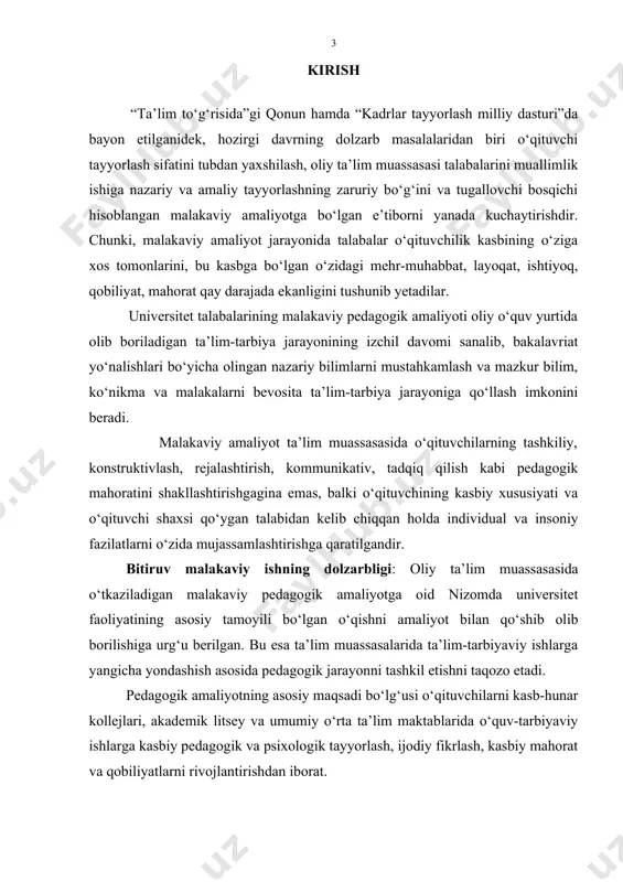 nni shakllantirish, yosh avlodni hayotga va faol mehnatga tayyorlash –dolzarb ilmiy- metodik muammo ekanligi asoslandi. bitiruv malakaviy ishning predmeti va obe’kti: pedagogik amaliyot tizimi va mezonlari, amaliyot jarayonida amaliyotchilarda shakllantirilishi zarur bo‘lgan malakalar, pedagogik faoliyatni nazorat qilish va baholash tizimining hozirgi ahvoli tahlili, uni takomillashtirish metodikasi. umumiy o‘rta va o‘rta-maxsus ta’lim tizimida pedagogik amaliyotni tashkil etish va boshqarishning nazariy va pedagogik asoslariga yo‘naltirilgan ta’lim jarayoni. bitiruv malakaviy ishning maqsad va vazifalari: hozirgi zamon o`qitish nazariyasi va amaliyotining uzviyligini ta’minlashning asosiy omili- pedagogik amaliyot tizimi va mezonlarini tavsiflash, pedagogik amaliyot jarayonida amaliyotchilarda shakllantirilishi zarur bo‘lgan malakalar, talabalar pedagogik faoliyatini nazorat qilish va baholash tizimi haqida ilmiy-metodik tavsiyalar tayyorlash. · bitiruv malakaviy ish mavzusiga doir ilmiy-metodik, pedagogik, didaktik manbalarni o‘rganish, tahlil qilish; · pedagogik amaliyotning vazifalari, bo‘lajak o‘qituvchilarda amaliy ko‘nikmalar, psixologik-pedagogik qonuniyatlarni qo‘llash malakalarini va barqaror pedagogik qarashlarni shakllantirish tamoyillarini asoslash; · pedagogik amaliyot jarayonida talabalar pedagogik faoliyatini nazorat qilish va baholash …