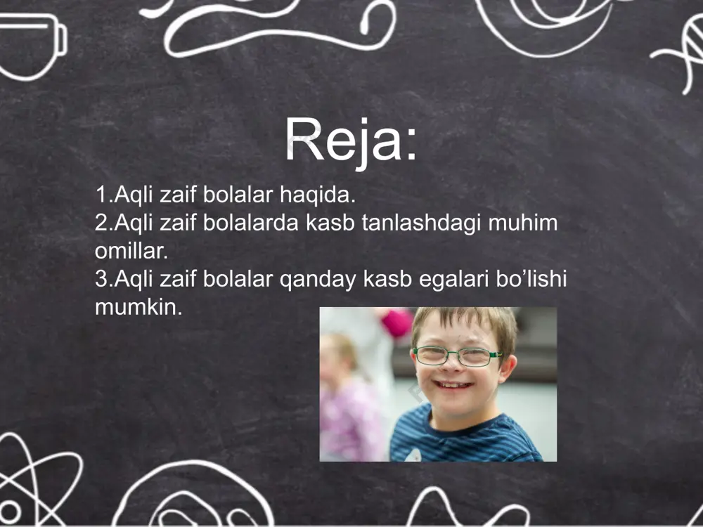 al. 3. praktik tajrib mashg‘ulotlar • aqliy zaif bolalar amaliy mashg‘ulotlar orqali tezroq o‘rganadi. • kasb-hunar o‘rgatish jarayonida haqiqiy sharoitlarda ishlash imkoniyatini ta’minlash lozim. 4. kelajakdagi ish imkoniyatlari • bolaning kelajakda mustaqil ishlash imkoniyati bo‘lishi kerak. • oddiy va doimiy talab bo‘lgan kasblarni tanlash muhim (masalan, yordamchi ishlar, texnik xizmat ko‘rsatish). aqliy zaif bolalar, ularning qobiliyatlari, ehtiyojlari va imkoniyatlariga qarab, oddiy va amaliy ko‘nikmalar talab qiladigan kasb-hunarlarga yo‘naltiriladi. quyida aqliy zaif bolalar uchun mos bo‘lgan kasblar keltirilgan: 1. qo‘l mehnati bilan bog‘liq kasblar: • tikuvchilik: oddiy kiyimlar yoki buyumlarni tikish va tuzatish. • duradgorlik: yog‘ochdan oddiy buyumlar yasash va ta’mirlash. • to‘quvchilik va qo‘l hunarmandchiligi: savatlar yoki uy-ro‘zg‘or buyumlarini to‘qish. 2. bog‘dorchilik va qishloq xo‘jaligi tabiat bilan bog‘liq ishlarga moyil bolalar uchun: • bog‘dorchilik: gul va daraxtlarni parvarish qilish. • dehqonchilik: ekish, sug‘orish va hosil yig‘ish kabi oddiy vazifalarni bajarish. • hayvonlarga qarash: chorva boqish va ularga xizmat qilish. 3. …