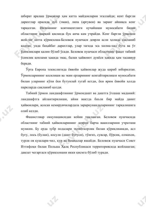 йвонлари, асосан кемирувчилардала зараркунандаларининг тарқалишига олиб келди. фашистлвар оккупациясидан кейин тикланган. беловеж пушчасида областнинг табиий ҳайвонларининг деярли барча вакилларини учратшш мумкин. бу ерда зубр подалари эҳтиёткорлик билан қўриқлианади, асл буғу, лось (булан), косуля (дашт буғуси), тўнғиз, сувсар, бўрсиқ, олмахон, турли ов қушлари-чил, қур ва бошқалар яшайди. беловеж пушчаси совет иттифоқи билан польша халқ республикаси территориясида жойлашган; давлат чегаргаси қўриқхонани икки қисмга бўлиб туради.