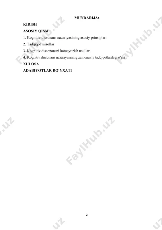 rli sohalardagi ahamiyatini tahlil qilish. kurs ishining asosiy maqsadlari quyidagilarni o‘z ichiga oladi: kognitiv dissonans nazariyasini tushunish: nazariyaning asosiy tamoyillarini, prinsiplari va asosiy tushunchalarini o‘rganish. bu nazariyaning inson xulq-atvorini qanday tushuntirishi va nima uchun bu dissonansni kamaytirishga intilishadi kognitiv dissonans va inson xulq-atvori o‘rtasidagi bog‘liqlikni tahlil qilish: dissonans odamlarning qarorlar va xulq-atvorlarini qanday o‘zgartirishi yoki moslashtirishi haqida tushuncha hosil qilish. xulq-atvor va fikrlarning nomutanosibligi qanday psixologik reaktsiyalarga olib kelishi va dissonansni kamaytirish uchun qaysi usullar ishlatilishi. tadqiqotlar orqali kognitiv dissonansni o‘rganish: leon festinger, brehm va boshqa psixologlarning kognitiv dissonans bo‘yicha o‘tkazgan tadqiqotlarini tahlil qilish. bu tadqiqotlarning qanday qilib kognitiv dissonansning psixologik jarayonlari va xulq-atvorlaridagi o‘zgarishlarni aniqlashga yordam berganini o‘rganish. kurs ishining vazifalari: · kognitiv dissonans nazariyasining asosiy tushunchalarini o‘rganish: · kognitiv dissonansning nima ekanligini aniqlash va uning psixologik jarayonlarini tushuntirish. · dissonans va xulq-atvor o‘rtasidagi bog‘liqlikni o‘rganish. · kognitiv dissonans nazariyasining asoschisi leon festingerning tadqiqotlarini tahlil qilish: · festingerning kognitiv …