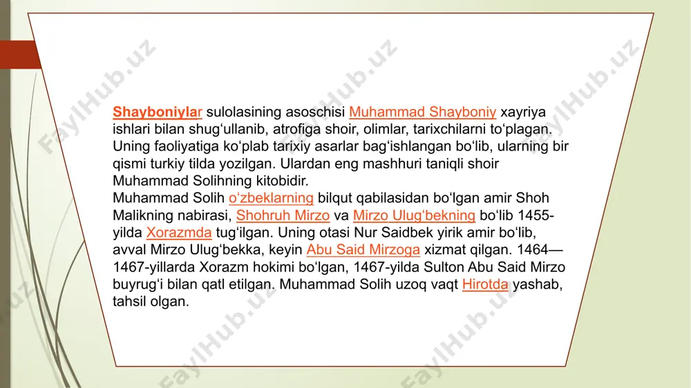 g soʻnggi bobini tugatmay, ogʻir xastalikdan vafot etadi. u hikoyani 1644-yilgacha yetkazishga muvaffaq boʻladi. 1644-1663-yillar voqealarini qamrab olgan 9-bobning davomi anushaxonning topshirigʻiga koʻra boshqa tarixchi – mahmud ibn mulla muhammad urganchiy tomonidan yozilgan. xuddi shu tarixchi kitobning 1-4 bobini qaytadan yozgan[13]. “turklarning nasabnomasi”ning oʻzbek adabiyoti uchun ahamiyati shundaki, u chigʻatoy yozuvi an’anasining yuksak uslubidan foydalanmasdan, oʻzbeklarning umumiy shevasida yozilgan. muallifning oʻzi shunday yozgan edi: “hamma yaʼni olijanob va sodda xalq tushinsin deb men bu hikoyani turkiy tilda yozdim, asarimni besh yoshli bola ham tushuna oladi; tushunarli qilish uchun men chigʻatoy-turkiy, fors va arab tillaridan birorta ham soʻz qoʻshmadim”. a.k. borovkovning soʻzlariga koʻra, “bu yerda, siz koʻrib turganingizdek, bu yerda koʻproq uslublar kurashi — tarixchining oddiy uslubi va “chigʻatoy” yuqori uslubi haqida bormoqda yana bir xivalik tarixchi — shermuhammad munis xorazmiy (1778—1829) oʻzbeklarning yuz urugʻidan boʻlgan[16]. munis, avvalambor, atoqli oʻzbek shoiri va tarjimoni sifatida tanilgan. 1806-yilda eltuzarxon (1804-1806) buyrugʻi bilan xiva …