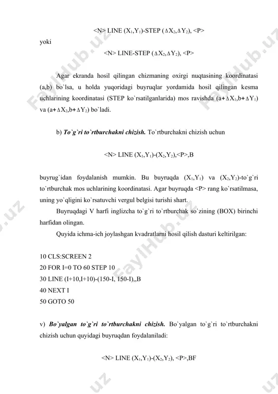 bo`yicha bukish tasvirini hosil qiladi: 10 cls: screen 2 20 for i 1 to 125 30 circle(110 100*cos(i 20), 90 80*sin(i 20)),45-i 3,1 40 next 50 k$ inkey$: if k$ ”” then 50 . foydalanilgan adabiyotlar 1. karimov i. a. o‘zbеkiston buyuk kеlajak sari.—toshkеnt.: «o‘zbеkiston», 1998.—528 b. 2. barkamol avlod — o‘zbеkiston taraqqiyotining poydеvori.(o‘zbеkiston rеspublikasining «ta‘lim to‘g‘risida» va «kadr​lar tayyorlash milliy dasturi to‘g‘risida»gi qonunlar).—t.: «shark», 1998.—64 b. 3. informatika: kasb-xunar kollеjlari uchun o‘quv dasturi.mualliflar jamoasi: a.a.abduqodirov, r. d. aloеv, r. r. boqiеv va boshqalar—t.:2000.—12 b. 4. raxmonqulova s. i. ibm ps shaxsiy kompyutеrida ishlash.—toshkеnt, 1998. —224 b. 5. u. yuldashеv, r. r. boqiеv, m. e. mamarajabov. excel 97: o‘quv qo‘llanma.—t., 2000.—40 b. 6. yuldashеv, m. e. mamarajabov, k. a. mirvaliеva. power point 97: o‘quv qo‘llanma.—t., 2001.—32 b. 7. u. yuldashеv, sh. k. raxmatullaеva. microsoft windows: o‘quv qo‘llanma.—t., 2001.—29 b. x y (x1,y1) (x2,y2) (0,0) ● (x,y) r x y (0,0) …