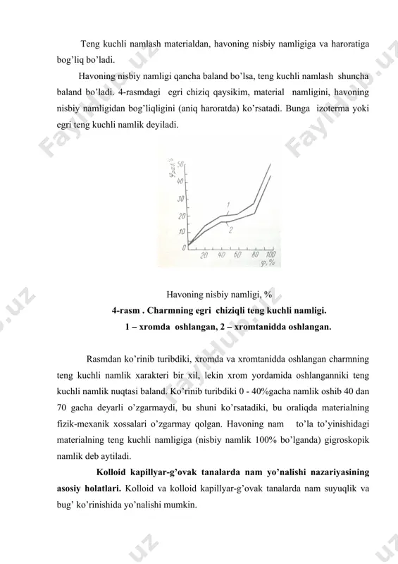 ssiqnamo’tkazuvchanlik deb aytiladi (kapillyar-g’ovak tana uchun) . 5-rasm. kapillyar-g’ovak tanadagi issiqnam o’tkazuvchanlik mexanizm sxemasi. ko’rinib turibdiki harorat oshishi bilan taranglik kamayadi yoki t1>t2 bo’lganda g1 t2 bo’lsa havoning bosimi oshadi, g’ovaklar kengayadi va kam bosim tomonga yo’naladi. shunday qilib suyuqlik kapillyarga material tomonga qarab havo yordamida kiritiladi. bunga havo va namning nisbiy termodiffuziyasi deyiladi. bu holatda namning yo’nalish tezligi tempetarura gradientiga to’g’ri proportsional. 6-rasm. havo va namning nisbiy termodiffuziyasi. ҳavo _1440151340.unknown _1440151398.unknown _1440152057.unknown _1440152068.unknown _1440151815.unknown _1440151384.unknown _1440150971.unknown r g 2 r g g g g ) - ( 2 ) á g g r c g g c rg gños g q 2 q