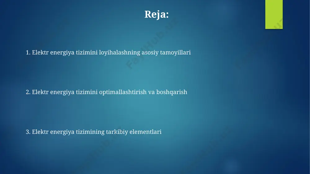 igi va barqarorligiga ta'sirini o'rganish, 99,9% ishonchlilik koeffitsiyentini ta'minlash uchun zarur bo'lgan zahira quvvatni hisoblashda muhim ahamiyatga ega. har xil turdagi yuklarning (masalan, yoritgich, dvigatellar) vaqt bo'yicha taqsimlanishini tahlil qilish orqali 0,8 dan yuqori quvvat koeffitsiyentiga erishish mumkinligi va bu esa energiya samaradorligini oshirishga yordam berishi aniqlanadi. elektr energiya tizimini loyihalashning asosiy tamoyillari tizimning samaradorligini oshirish maqsadida, elektr energiyasi uzatish liniyalari kuchlanishini 110 kv dan 500 kv gacha oshirish va transformator quvvati 100 mva dan 800 mva gacha bo'lgan qurilmalardan foydalanish tavsiya etiladi. elektr energiya tizimini loyihalashda, yuklarning nomutanosib taqsimlanishi va reaktiv quvvat kompensatsiyasi masalalari muhim ahamiyatga ega bo'lib, quvvat faktorini 0.95 dan yuqori darajada ushlab turish lozim. elektr energiyasi manbalarini tanlash gidrounitlarning quvvati suv oqimining miqdori va balandligiga bog'liq; 100 kvt dan kam quvvatli gidroelektr stansiyalari uchun suv oqimining minimal hajmi 0.5 m³/s dan kam bo'lmasligi kerak. elektr energiyasi manbalarini tanlashda, 1 kvt dan yuqori quvvatli tizimlar uchun quyosh …