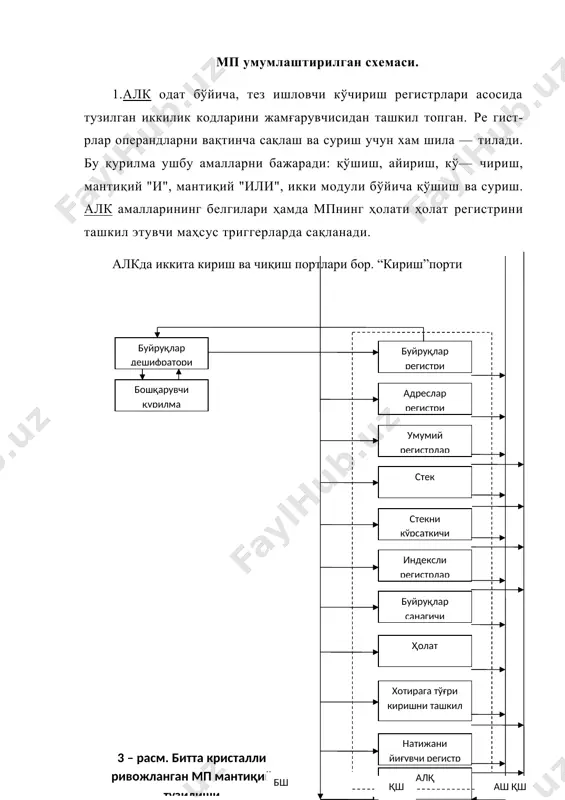 н. ички регистрлар берилган қийматлар билан ҳар хил манипу​ляция қилинганда мпнинг асосий регистрлари ишлатилади. кўпчилик арифметик ва мантиқий амаллар коди (алк) ва акдан фондаланиш йўли билан амалга оширилади. ҳар қандай амал иккита опе​рация устида бажарилганда шулардан биттасини акга, иккинчисини эса қайсидир регистрга ёки хотирага жойлаштириш мўлжалланади. аккумуляторга (а) ва хотирага (в) жойлашган иккита операндларни бир—бирига қўшганда натижадаги йиғинди а аккумуляторга жойлаш-тирилади, акдаги аввалги операнд эса ўчиб кетади. акдан фойдаланиладиган бошқа турдаги амаллар бажарилганда, операндларни мпнинг бир қисмидан иккинчи қисмига ўтказилиши, программа орқали амалга оширилади. операндларни (берилганларни) программали узатиш амалини бажариш иккита босқичда амалга оширилади: аввало операнд манбадан акга узатилади, кейин эса акдан кўрсатилган жойга узатилади. мп акнинг ўзида, операндлар устида яна бошқа иш бажариши мумкин. масалан, акнинг ҳамма разрядларига иккилик нолларини ёзиб уни тозалашимиз мумкин. акнинг қийматларини чапга, ўнга суриш ҳамда унинг айлантирилган қийматини ва ш. ўхш. олиш мумкин. ак мпнинг энг универсал регистрларидан биридир: операндлар устида ҳар қандай амал …