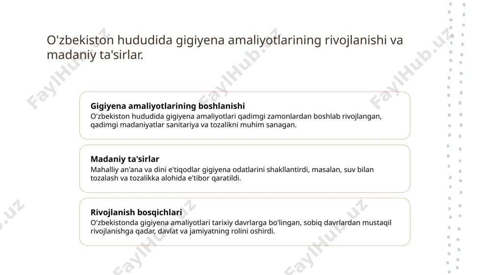 istiqbollar hozirgi vaqtda xalqaro standartlar bilan uyg‘unlashtirilmoqda, texnologik yutuqlar va ilmiy-texnik rivojlanishlar asosida gigiyena sohasining kelajakdagi rivojlanishi ta'minlanmoqda. kelajakda oʻzrda gigiyena sohasining rivojlanish istiqbollari va yangi yondashuvlar 1 texnologik rivojlanish va innovatsiyalar kelajakda gigiyena sohasida yangi texnologiyalar, masalan, aqlli sensorlar va sun'iy intellekt yordamida shaxsiy va umumiy sanitariya sifatini oshirish mumkin. 2 ta'lim va xabardorlik ortishi o'zbekistonda gigiyena madaniyatini rivojlantirish uchun ta'lim dasturlarini kengaytirish va aholining xabardorligini oshirish, sog‘liq muhimligini ta'kidlash. 3 siyosiy va iqtisodiy qo‘llab-quvvatlash hukumat va jamiyatning sog‘liqni saqlashga bo‘lgan yondashuvlarini mustahkamlash, moliyaviy resurslarni ajratish orqali gigiyena infratuzilmasini rivojlantirish. 4 ekologik muhit va barqarorlik ekologik muhitni yaxshilash va barqaror sanitariya amaliyotlarini joriy qilish, suv, havo va chiqindi boshqaruvi bilan bog‘liq yangi yondashuvlarni qo‘llash. xulosa 1 gigiyena tarixi va rivojlanish bosqichlari qadimgi davrlardan boshlab, gigiyena amaliyotlari sog‘liqni saqlash uchun muhim bo‘lgan va zamonaviy standartlar asosida rivojlanishni davom ettirdi. 2 o'zrda gigiyena modulining shakllanishi va rivojlanishi o‘zbekistonda gigiyena ta'limi sovet …