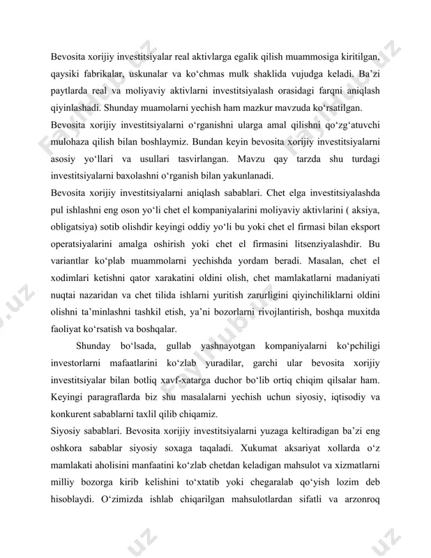 i ko‘zlab chetdan keladigan mahsulot va xizmatlarni milliy bozorga kirib kelishini to‘xtatib yoki chegaralab qo‘yish lozim deb hisoblaydi. o‘zimizda ishlab chiqarilgan mahsulotlardan sifatli va arzonroq bo‘lishiga qaramay xukumat chetdan kelgan maxsulotlarni sotib olishni chegaralab qo‘yyapti, bu bilan o‘z iste’molchilarini xuquqlari cheklanib qolishga olib kelayapti. bu bilan esa, xukumat mavjud o‘zidagi ishchi o‘rinlarni qisqarib ketish ehtimolidan ximoya qilish yoki millatchilikni saqlab qolishga urinadi. xorijiy mamlakatga o‘z maxsulotlarini import qilish uchun xukumatlar to‘sqinlik qilayotganliklari sababli xorijiy ishbilarmonlar o‘zlari uchun yopiq deb xisoblanish bozorlarga belgilangan mamlakat bilan ishlab chiqarish yoki xususiy ishlab chiqarish xaqidagi bitimlar tuzish bilan kirib borishlari mumkinligini aniqlaydilar. bozorda xuddu shu usullar importga tegishli kvota, tarif va xorijiy korxonalar bilan bog‘liq to‘sqinliklarni bartaraf qilish uchun yordam beradi. bunda boshqa mamlakatda maxsulotni ishlab chiqarish xukumatni ishchi joylarni yo‘qotish xavf xatari va milliy g‘ururini ta’qirlanganligi bilan bog‘liq masalalar xususida unchalik tashvishlantirmaydi. biroq xorijiy investitsiyalar orqasidagi siyosiy sabablar doim xam savdo sotiqdagi chegaranishlarni …