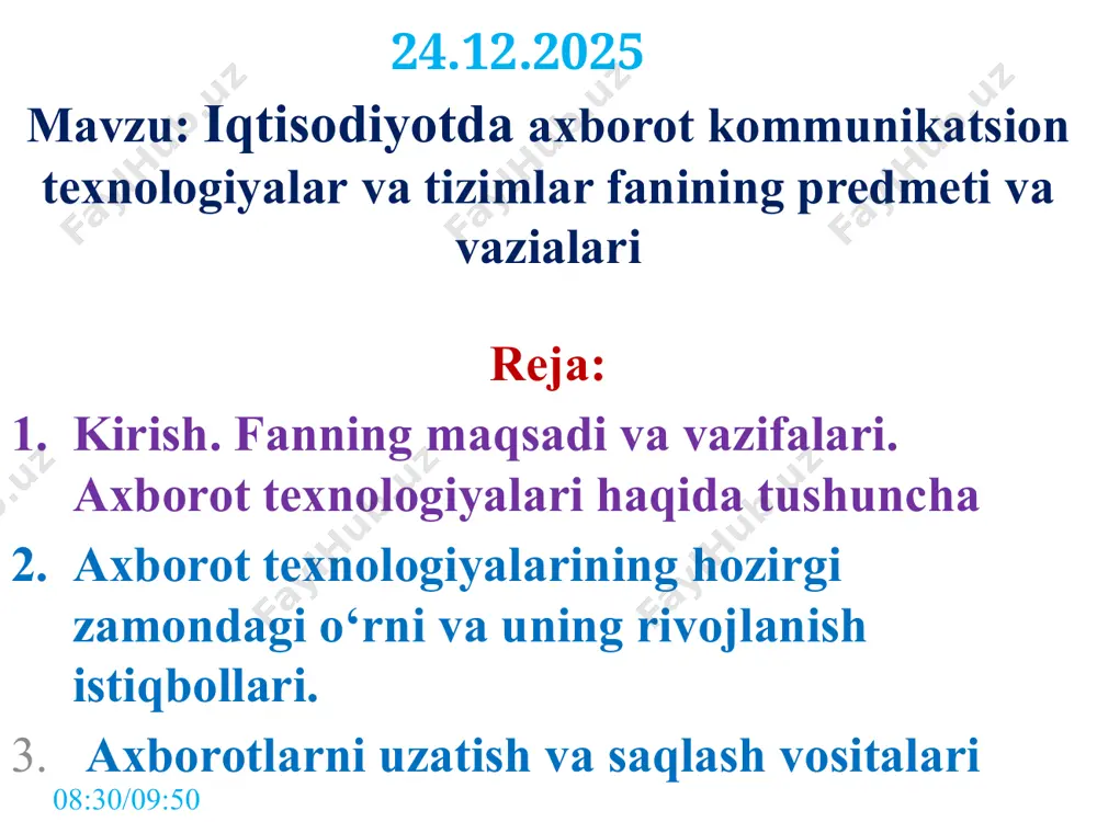 anadi. "axborot" (rus tilida - informasiya) atamasi ma’lumot, tushuntirish, bayon qilish ma’nolarini anglatuvchi lotin tilidagi "informatio" so’zidan olingan. “informatio” so`zi lotin tilidan olingan bo`lib “tushuntirish, tanishtirish, bayon etish” ma`nolarini anglatadi va o`zbek tilida axborot deb tarjima qilingan. informatika - atamasi, fransuz tilidagi information- axborot va automatioque – avtomatika so’zlaridan kelib chiqqan. axborot - bu, yaratuvchisi doirasida qolib ketmagan va xabarga aylangan, bilimlar noaniqligi, to’liqsizligi darajasini kamaytiradigan hamda og’zaki, yozma yoki boshqa usullar orqali ifodalash mumkin bo’lgan atrof-muhit to’g’risidagi ma’umotlardir. keng ma’noda axborot - bu saqlash, o’zgartirish, uzatish obekti bo’la oladigan va insonlar oldiga qo’yiladigan masalalarni yechishga yordam bera oladigan ma’lumotlar, bilimlar va xabarlardir. bu jarayonda quyidagi tushunchalar muhim hisoblanadi: ma’lumot (berilgan)lar - signallarda, xabarlarda va boshqa shu kabilarda ifodalanadigan bilimlardir. xabar - axborotni tasvirlash shakli bo’lib, u nutq, matn, tasvir, grafik, jadval, videotasvir, tovush va shu kabi ko’rinishlarda ifodalaniladi; axborot belgilar ko’rinishidagi ma’lum bir tilda ifodalansa xabarga aylanadi. insoniyat tomonidan …