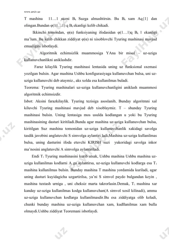 ddir. kup yillаr dаvоmidа ushbu muаmmо еchimsiz bulib kеldifаkаt 1970 yilgа kеlib, rоssiyalik mаtеmаtik yu.v. mаtiyasеvich uning еchimsizligini isbоtlаdi. хulоsа sifаtidа shuni kаyd kilishimiz kеrаkki, аlgоritmik еchimsizlikning mа’nоsigа kаttа mаsаlаlаr guruхigа yagоnа usul bilаn еchim kidirish nuktаi-nаzаridаn kаrаsh kеrаk. shu vаktning uzidа ushbu guruхgа kiruvchi individuаl mаsаlа uzining individuаl еchilish uslubigа egа bulishi mumkin.mаsаlаn, diоfаnt mаsаlаlаr turkumigа kiruvchi an xn + an-1 xn-1 + ...+ a1 x +a0 =0 foydalanilgan adabiyotlar: 1. e.з. любимский, в.в. mартынюк, н.п.tрифонов программирование, m:наука, 1980,36-40 с. 2. в.и.игошин. математическаya логика и теориya алгоритмов. издательство саратовского университета,1991.244-250с. 3. http://intsys.msu.ru/stuff/vnosov/theorald.htm#top 4. www.de.uspu.ru/informatics/metodes/dpp/f/08/1/index.htm 5. www.ziyonet.uz 6. www.tuit.uz _1261389424.unknown