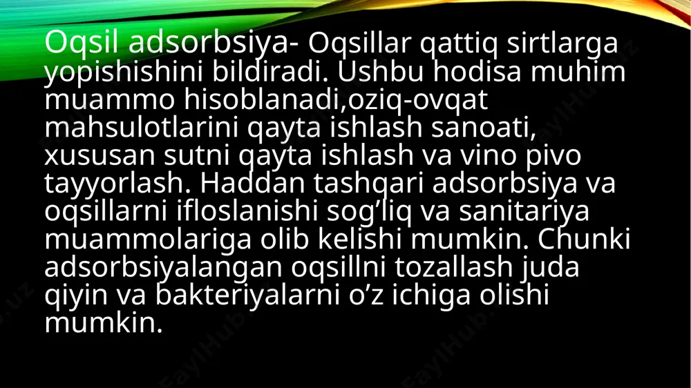 holatlarda ushbu turdagi adsorbtsiya uchun namuna sifatida ishlatiladi. sut asosan suvdan iborat bo'lib, tarkibida 20 foizdan kam suspenziyalangan moddalar yoki erigan oqsillar mavjud. oqsillar sutning atigi 3,6 foizini va suv bo'lmagan tarkibiy qismlarning atigi 26 foizini tashkil qiladi.[13 sut sanoati pasterizatsiyalangan sut pishloq tayyorlash uchun ko'p miqdorda isitish idishida saqlanadi. mikrob yukini kamaytirish va saqlash muddatini ko'paytirish uchun bilvosita isitish orqali sutni termik davolash (masalan, pasterizatsiya) odatda plastinka issiqlik almashinuvchisi. issiqlik almashinuvchisi sirtida adsorbsiyalangan sut oqsillari qatlamlari buzilishi mumkin. nopoklik xona haroratida oqsilli bir qatlam hosil bo'lishi bilan boshlanadi, so'ngra issiqlik ta'sirida agregatsiya va cho'kma hosil bo'ladi. zardob oqsili va kaltsiy fosfat konlari.[9] adsorbsiyalangan oqsillar issiqlik uzatish samaradorligini pasaytiradi va sutning etarli darajada qizishini oldini olish orqali mahsulot sifatiga ta'sir qilishi mumkin. protein adsorbsiyasi mexanizmlari oziq-ovqat sanoatidagi oqsil adsorbsiyasining barcha misollaridagi umumiy tendentsiya shundaki, avval sirtga adsorbsiyalangan minerallarga adsorbsiya. ushbu hodisa o'rganilgan, ammo u yaxshi tushunilmagan. spektroskopiya loyga o'xshash minerallarga …