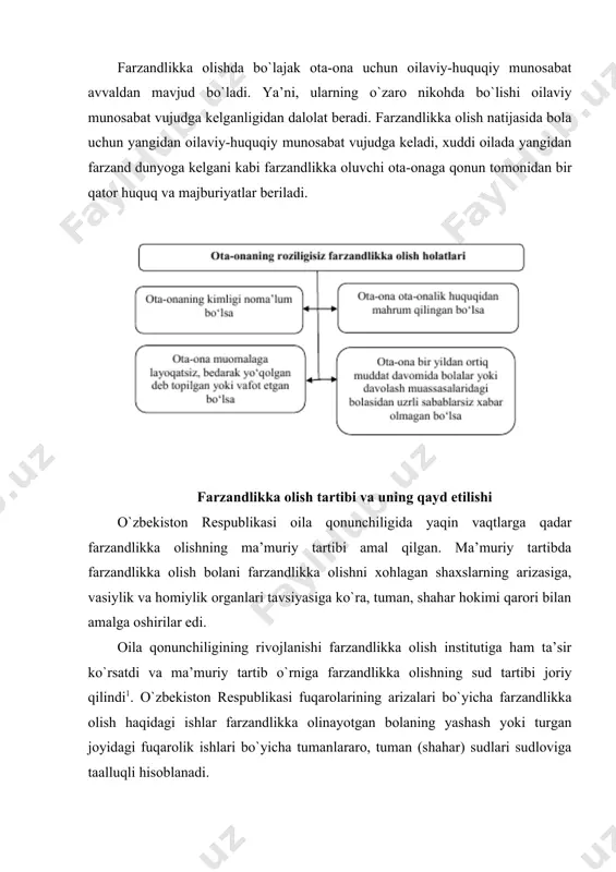 nfaatdor shaxslarni, shuningdek, o`n yoshga to`lgan bolaning o`zini ishda qatnashishga jalb qilishi mumkin. shuni ta’kidlash lozimki, farzandlikka oluvchilarning (oluvchining) vakolati tegishli tartibda rasmiylashtirilgan vakili borligi, ularni (oluvchining) sudda hozir bo`lish majburiyatidan ozod etmaydi. mazkur toifadagi ishlar bo`yicha farzandlikka oluvchilarning (oluvchining) vakili ularning shaxsiy ishtirokisiz sudda ishni ko`rish bosqichidan tashqari harakatlarni olib borishga, xususan, zarur dalillarni yig`ish va taqdim etish, ishni sudda ko`rishga tayyorlashda ariza yuzasidan tushuntirishlar berish, sudyaning talabi bo`yicha qo`shimcha dalillar taqdim etish, yozma va ashyoviy dalillarni talab qilib olishga yordam ko`rsatish masalasini qo`yishga haqli bo`ladi. o`n yoshga to`lgan bolani ishga qatnashishga jalb qilish masalasini hal etishda, sud bola har qanday sud muhokamasi davrida so`zlashga haqliligini nazarda tutuvchi oila kodeksining 68-moddasi qoidalaridan kelib chiqib ish ko`rishi lozim. bolaning sudda ishtiroki unga noxush ta’sir etishi mumkinligini ko`rsatuvchi asoslar mavjud deb hisoblanganda, sud ushbu masala bo`yicha vasiylik va homiylik organining fikrini aniqlamog`i kerak. muayyan holatlarda chet el fuqarosi yoki fuqaroligi bo`lmagan …