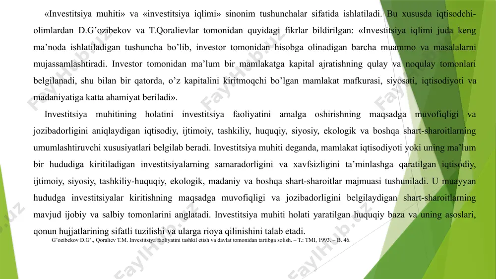 darajasini aniqlash mumkin. investitsiya riski darajasi investitsiya muhitiga, bevosita, to’g’ridan-to’g’ri bog’liqdir. investitsiya muhiti tabiiy shart-sharoitlar, foydali qazilmalar zahiralari, ishchi kuchi malakasi va o’rtacha ish haqi darajasi, iqtisodiy kon’yunktura holati, ichki bozor sig’imi, tovarlarni tashqi bozorda sotish imkoniyatlari, valyuta siyosati, kredit tizimi holati, soliqqa tortish darajasi, ishlab chiqarish va ijtimoiy infratuzilmaning rivojlanganligi, xorijiy kapitalga nisbatan davlat siyosati, unga nisbatan imtiyozli shart-sharoitlarning yaratilganligi kabi omillar orqali belgilanadi. sodda qilib aytganda, investitsiya muhiti investitsiya munosabatlarini amalga oshirish mumkin bo’lgan imkoniyatlar va qulayliklar majmuasini o’zida aks ettirgan voqelikdir. investitsiya muhitini yaxshilashdan maqsad investitsiya salohiyatini oshirish uchun zarur va maqbul shart-sharoitlarni yaratish, investitsiya faoliyatini jadallashtirish va pirovardida, iqtisodiyotni yuksaltirish, ijtimoiy muammolarni hal etish, ishlab chiqarish samaradorligini oshirish imkonini yaratishdan iborat. respublikada siyosiy-iqtisodiy sharoitning mavjudligi, ya’ni qulay investitsiya muhitining yaratilishi va xorijiy kapitalni qabul qilish tizimining samarali bo’lishi xorijiy investitsiyalarni jalb qilishning zaruriy shartidir. investitsiya muhiti investitsiya resurslarini joylashtirish uchun umumiy mezon bo’lib, birinchi navbatda, kapital …