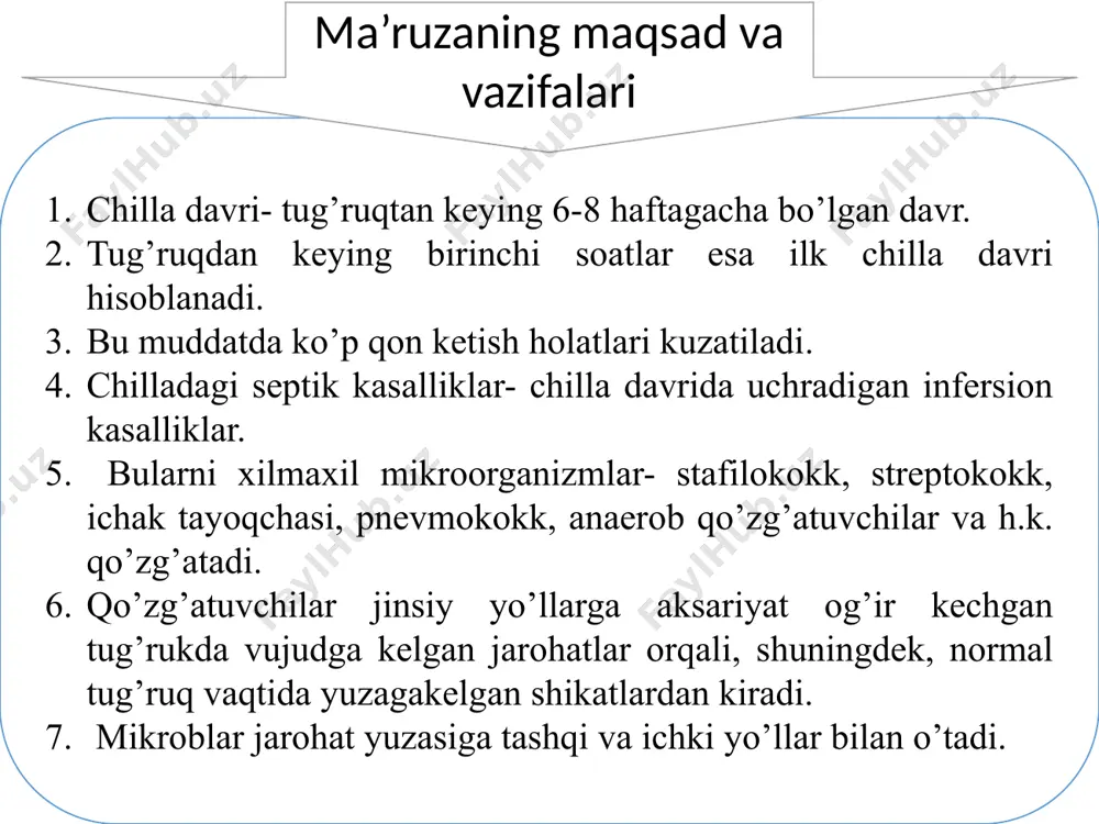 ifikasiyasi sistemali yalliglanishga javob sindromi – ssvo sepsis sepsis-sindrom refrakter septik shok septik shok kechish bo’yicha: yashin tezligida kechishi o’tkir kechishi o’tkir osti kechishi surunkali sepsis sepsis belgilari titrash va terlash. gektik harorat. ogir umumiy holati. nafas kisishi. anoreksiya. tahikardiya past haroratda. yurak tonlarining sustlashishi. jigar va talokning kattalashishi. eritrositopeniya. kamkonlik. leykocitoz yoki leykopeniya. toksik buyrak etishmovchiligi. 38 0 с выше или ниже 36 0 с температура токсик буйрак етишмовчилиги. лейкоциты лейкоциты выше 12 000 или ниже 4 000 сепсис «сепсис» диагнози куйилгандан кейин 1 соат ичида патологик матери- алии йириш ва томир ичига антибиотик юборишни бошлаш керак. сепсис даволаш принциплари: оператив даво бачадон экстирпацияси ортиклари билан бирга. антибиотикотерапия инфузионно – трансфузион терапия. эрта бошланган ивл. иммунокоррекцияловчи даво. оператив даво бачадон экстирпацияси антибактериал терапия хар 48-72 соат ичида микробиологик текширув ва клиник белгиларига караб бахоланиб турилади. асосий патоген микроб аниклангандан кейин монотерапияга караганда комбинацияланган терапия утказиш яхширок деган хулосага келиш …