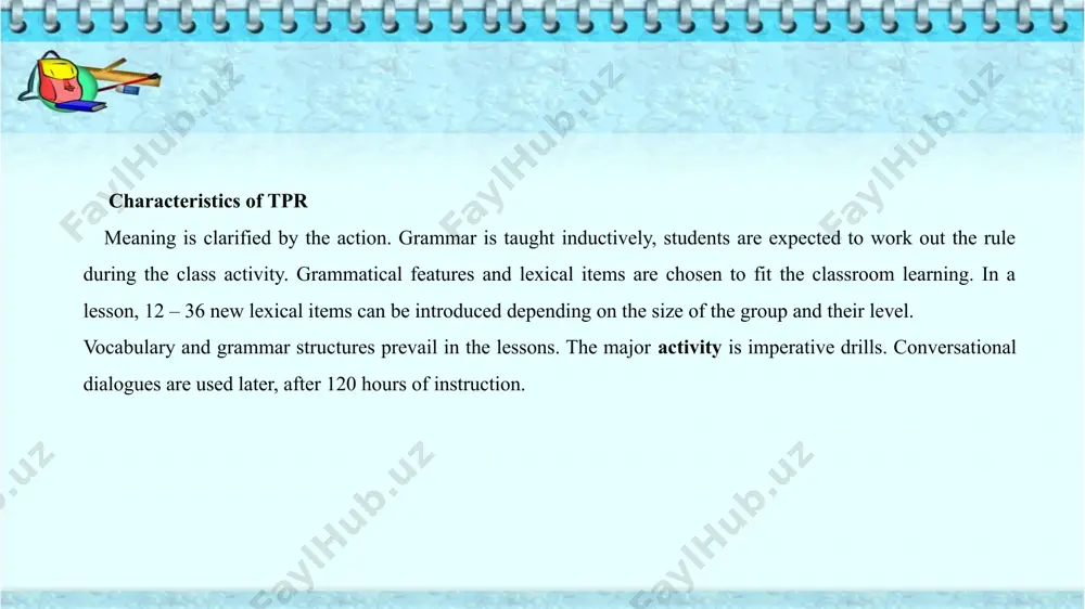 earn second language as children acquire their mother tongue. in this way, second language learners will be freed from foreign language syndrome (i.e. stress, shy, anxiety, lack of self confidence, etc. advantages of tpr: it is fun and easy it does not require a great deal of preparation on the part of the teacher. it is a good tool for learning vocabulary. class size does not need to be a problem. there is no age barrier. it is good for kinaesthetic learners disadvantages of tpr: it is not a very creative method. students are not given the opportunity to express their own views and thoughts in a creative way. it is easy to overuse tpr. it is limited, since everything cannot be explained with this method. it must be combined with other approaches. it is challenging for shy students it is for children only conclusion total physical response is one …