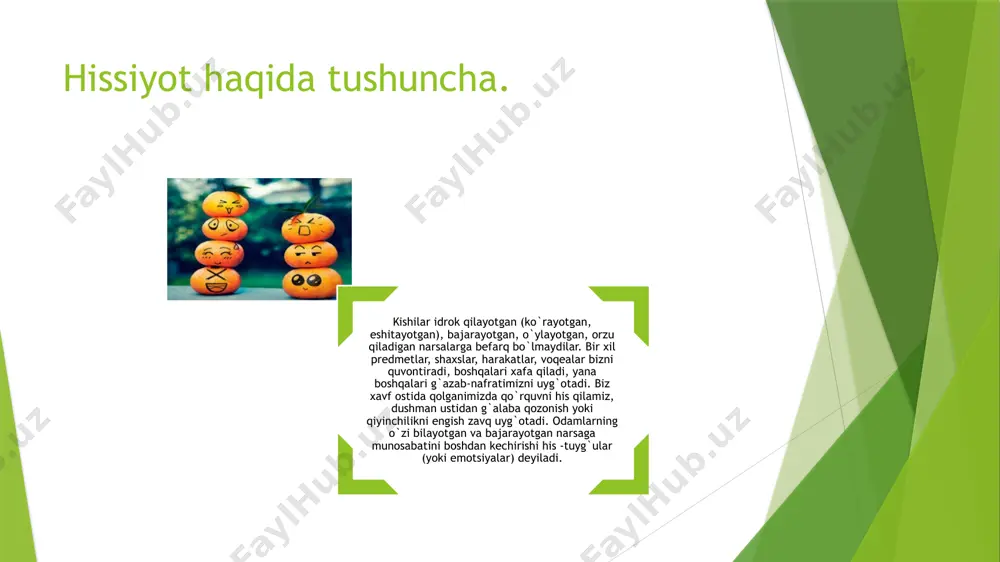 ruvchi aksettiruvchi daraklovchi hissiyotlar turlicha vazifalarni bajaradilar undovchi(rag’batlantiruvchi) mustahkamlovchi o’tkazuvchi hissiyotlar turlicha vazifalarni bajaradilar moslashuvchi kommunikativ hosilqiluvchivaifodalovchi hissiyotlar va sezgilar organizm holati va inson hulq-atvorini boshqarish vazifasini bajaradilar. xuddi shuningdek, yaxshi so‘z jon ozig‘i deydilar. bunda, avvalambor, muhim o‘rin tutgan insonning boshqa odamning emotsional holatiga verbal ta’siri ko‘zda tutilgan bo‘ladi. bunda hissiyotlar va sezgilarning boshqaruvchi vazifasi namoyon bo‘ladi. aks ettiruvchi vazifasi voqealarning umumiy baholanishi ifodalandi, sezgilar butun organizmning qamrab olgani uchun, ular ta’sir ko‘rsatayotgan omillarning foydasi yoki zararini aniqlashga va zararli ta’sir aniqlangunicha ta’sirlanish imkonini beradi. masalan, yo‘lni kesib o‘tayotgan odam undagi vaziyatga ko‘ra turli darajadagi qo‘rqinchni boshidan kechiradi. bundan kelib chiqadiki, hissiyotlar va sezgilarning aks ettirish vazifasi insonga atrof-olamda to‘g‘ri yo‘nalish olish va jismlar, hodisalarni ularning istalganligi nuqtai nazaridan baholash imkonini yaratadi. xabarlovchi vazifasi yuzaga keladigan kechinmalar insonga undagi ehtiyojlarni qondirish jarayonining kechishi, yo‘lida qanday to‘siqlarga uchrashi, birinchi navbatda nimalarga e’tibor qaratishi lozimligi va h.k.lar haqida xabar berishdan iborat. …
