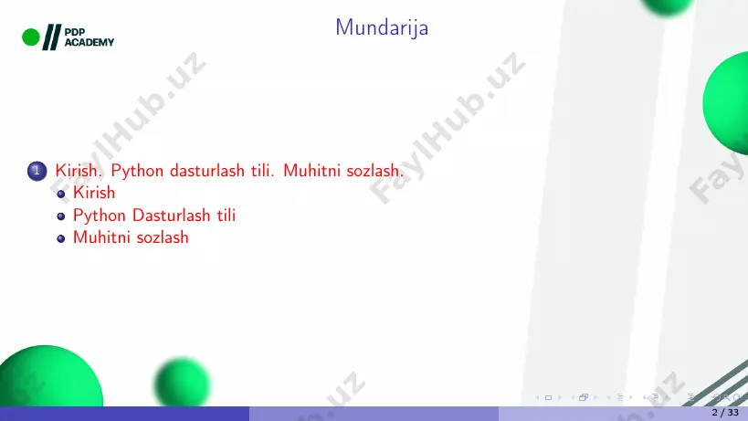 tib olishning hojati yo’q. 7 / 33 python xususiyatlari 1 gui programming – siz undan gui (grafik foydalanuvchi interfeysi) yaratish uchun foydalanishingiz mumkin. buning bir yo’li tkinter orqali amalga oshiriladi. 2 portativ (portable) – python ochiq manba bo’lgani uchun uni windows, mac, linux yoki boshqa platformalarda ishlatishingiz mumkin. sizning dasturlaringiz har bir mashina uchun uni o’zgartirishga hojat qoldirmasdan ishlaydi. 3 katta python kutubxonasi (large standard library) – python sizga katta standart kutubxonani taqdim etadi. 8 / 33 python xususiyatlari 1 ekspressiv (expressive) – faraz qilaylik, bizda ikkita a va b tillari bor va a tilida bajarilishi mumkin bo’lgan barcha dasturlar lokal transformatsiyalar yordamida b tilida tuzilishi mumkin. biroq, lokal transformatsiyalar yordamida ada emas, balki b da amalga oshirilishi mumkin bo’lgan ba’zi dasturlar mavjud. keyin b a ga qaraganda ko’proq ifodali deb aytiladi. python bizga sintaksisga emas, balki yechimga e’tibor qaratishimizga yordam beradigan ko’plab konstruktsiyalarni taqdim etadi. 2 yuqori darajali (high-level) …