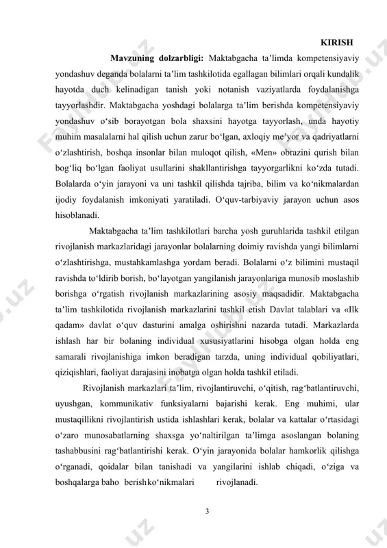 ridagi jihozlar xavfsiz va didaktik materiallar bolaga tegishli boʻlishi va bolalarning yoshiga mos boʻlishi kerak. rivojlanish markazlaridagi didaktik materiallar tematik vazifalarni hisobga olgan holda oʻzgarishi kerak. markazlarni uskunalar bilan ortiqcha jihozlamaslik zarur. rivojlanish markazlari bolalar va kattalar bilan aloqa qilish va birgalikdagi faoliyatni, shuningdek oʻz oʻzi bilan shugʻullanish imkoniyatini taʼminlashi kerak. mavzuni rejalashtirishga koʻra, pedagog rivojlanish markazlarini didaktik materiallar va oʻyin uskunalari bilan taʼminlash ustida oʻylashi va toʻldirishi kerak. bolaning rivojlanishi faqat oʻquv faoliyatida emas, balki oʻyin tarzida ham amalga oshiriladi. markazlardagi bolalarning oʻyin va kognitiv faoliyati davomida tarbiyachi bolalarning ishini kuzatib boradi, tavsiya etilgan materiallar bolalar uchun qanchalik qiziq, qulay va xavfsiz ekanligiga eʼtibor qaratadi. agar kerak boʻlsa, tarbiyachi didaktik materiallarni toʻldiradi yoki oʻzgartiradi. tarbiyachi guruhdagi barcha bolalar besh kun davomida har bir markazga tashrif buyurishini taʼminlaydi. kuzatish va tahlil asosida kutilayotgan natija, muammolar, yechimlar tarbiyachi har hafta oxirida bolalarning oʻz maqsadlariga erishgan yutuqlarini qayd etadi, agar shunday boʻlsa, …