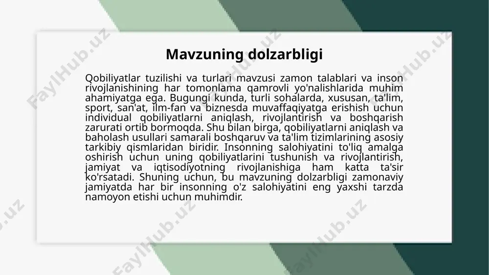 diy qobiliyatlar yangi g'oyalarni ishlab chiqishga yordam beradigan xususiyatlar bo'lsa, kommunikativ qobiliyatlar boshqalar bilan o'zaro aloqada samarali bo'lishni ta'minlaydi. 3. qobiliyatlarni rivojlantirish va baholash usullari. qobiliyatlarni rivojlantirish va baholash usullari insonning salohiyatini to'liq namoyon etish va uning individual rivojlanishiga yordam beradi. har bir qobiliyatni rivojlantirish uchun turli usullar va strategiyalar mavjud, ular ham amaliy mashqlar, ham nazariy o'qishlarga asoslanadi. quyida qobiliyatlarni rivojlantirish va baholash usullari keltirilgan. qobiliyatlarni rivojlantirish usullari o'z ichiga turli xil treninglar, mashqlar va ta'lim metodlarini oladi. har bir qobiliyat turiga qarab, rivojlantirish jarayoni turlicha bo'lishi mumkin. masalan, intelektual qobiliyatlarni rivojlantirish uchun mantiqiy fikrlash va tahlil qilishga asoslangan topshiriqlar, matematik masalalar, yangi bilimlarni o'rganish kerak bo'ladi. emosional qobiliyatlarni rivojlantirish uchun o'zini anglash, boshqalar bilan empatiya qurish va hissiy barqarorlikni saqlash muhimdir. bu uchun psixologik treninglar, o'z-o'zini baholash va hissiy ko'nikmalarni oshirish bo'yicha amaliy mashqlar o'tkazilishi mumkin. kommunikativ qobiliyatlarni rivojlantirish uchun samarali muloqot, jamoaviy ish, liderlik va boshqaruv qobiliyatlarini …