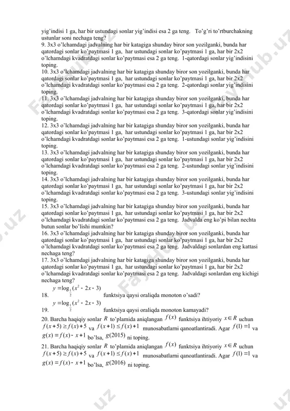 nishini isbotlang. 20. 7 ta natural son berilgan boʻlsin. shular ichida shunday ikkita son mavjudki, ularning ayirmasi 6 ga boʻlinishini isbotlang. 21. 8 ta natural son berilgan boʻlsin. shular ichida shunday ikkita son mavjudki, ularning ayirmasi 7 ga boʻlinishini isbotlang. 22. 9 ta natural son berilgan boʻlsin. shular ichida shunday ikkita son mavjudki, ularning ayirmasi 8 ga boʻlinishini isbotlang. 23. 10 ta natural son berilgan boʻlsin. shular ichida shunday ikkita son mavjudki, ularning ayirmasi 9 ga boʻlinishini isbotlang. 24. 11 ta natural son berilgan boʻlsin. shular ichida shunday ikkita son mavjudki, ularning ayirmasi 10 ga boʻlinishini isbotlang. 25. oʻnlik yozuvi faqat 1 raqamdan tashkil topgan sonlar orasida 2019 ga boʻlinadigan natural son mavjudligini isbotlang. №3 1. oʻnlik yozuvi faqat 0 va 5 raqamlardan tashkil topgan va 33 ga boʻlinadigan natural son mavjudligini isbotlang. 2. oʻnlik yozuvi faqat 0 va 5 raqamlardan tashkil topgan va 34 ga boʻlinadigan natural son mavjudligini …