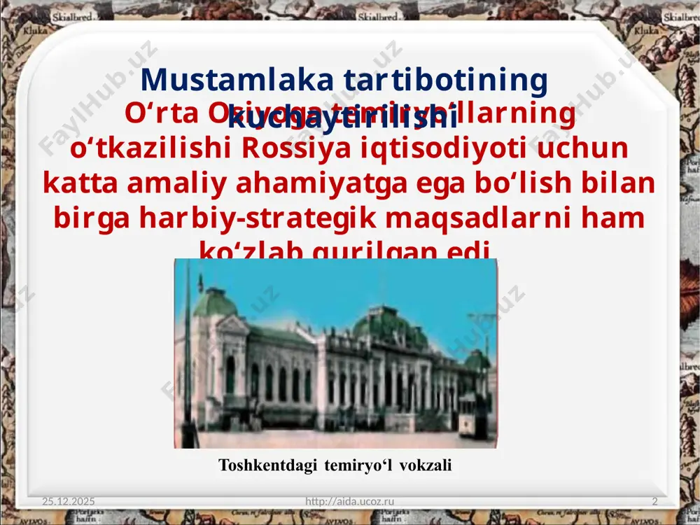 ojlanib bordi. imperiya to‘qimachilik sanoati uchun paxta yetishtirish ko‘paydi. 13.03.2024 http://aida.ucoz.ru 9 bu o‘lkada boshqa turdagi qishloq xo‘jalik mahsulotlarining kamayishiga, ayniqsa, g‘allaning tanqisligiga sabab bo‘ldi. paxtani faqat tozalash va yog‘ ishlab chiqarish sohasigina yo‘lga qo‘yilib, paxta xomashyosidan tayyor mahsulot tayyorlash imperiyaning markaziy gubernalarida bajarilgan. 13.03.2024 http://aida.ucoz.ru 10 paxta xom-ashyosiga bo’lgan ehtiyoj 13.03.2024 http://aida.ucoz.ru 11 rossiya imperiyasining turkiston borasidagi barcha rejalari paxtachilikni rivojlantirishga qaratilgan edi. o‘lkani rossiya to‘qimachilik sanoati uchun asosiy xomashyo yetkazib beruvchi hududga aylantirish mo‘ljallangan edi. paxtani rossiyaga jo’natish farg‘ona, sirdaryo va samarqand viloyatlari paxta yetishtiriladigan eng muhim markazlar bo‘lgan. 1884-yilda turkistonda yangi paxta navi (amerika navi) yetishtirila boshlandi. 13.03.2024 http://aida.ucoz.ru 12 podsho hukumati paxta maydonlarining kengayishi va hosilning yaxshi bo‘lishi o‘rta osiyo mintaqasida suv bilan bog‘liq bo‘lganligi uchun irrigatsiya tarmoqlarini kengaytirishga harakat qilgan. 13.03.2024 http://aida.ucoz.ru 13 1911-yilda sirdaryo magistral kanalini bunyod etish ishlari boshlandi va 1913-yilga kelib tugallandi. 13.03.2024 http://aida.ucoz.ru 14 biroq toshkent vohasi, samarqand viloyati va farg‘ona …