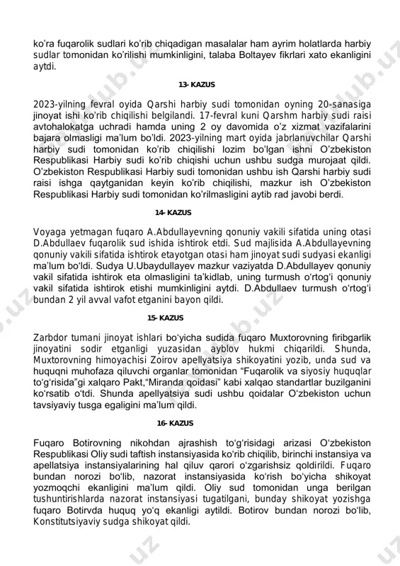 si fuqarolik ishlari bo‘yicha tumanlararo sud tomonidan birinchi instansiyada, viloyat sudining fuqarolik ishlari bo‘yicha sudlov hay’atida apellyatsiya tartibida berilgan shikoyatda ham qanoatlantirilmadi. apellyatsiya instansiyasi sudi birinchi instansiya sudi hal qiluv qarorini o‘zgarishsiz qoldirdi. bundan norozi bo‘lgan fuqaro qobilov o‘zbekiston respublikasi konstitutsiyaviy sudiga murojaat qildi. ushbu murojaatni ko‘rib chiqish o‘zbekiston respublikasining “o‘zbekiston respublikasi konstitutsiyaviy sudi to‘g‘risida”gi konstitutsiyaviy qonunning 34- moddasiga muvofiq rad etildi. fuqaro salimov bundan norozi bo‘lib, uning konstitutsiyaviy sudga murojaat qilish huquqi mavjud ekanligini ta’kidladi. 11-kazus farg‘ona viloyat sudi sudyalari farg‘ona viloyat ma’muriy sudi sudyalari bilan birgalikda “sudyalarning mustaqilligi to‘g‘risida” o‘zbekiston respublikasi qonuni loyihasini ishlab chiqdi. 2 oy davomidan tayyorlangan ushbu loyihani o‘zbekiston respublikasi oliy sudi plenumi majlisida ishtirok etgan farg‘ona viloyat sudi raisi o‘zbekiston respublikasi oliy majlisi qonunchilik palatasiga kiritish lozimligini ta’kidladi. bunga javoban oliy sud raisi oliy sudda bunday vakolat mavjud emasligini bildirdi. 12- kazus “sud hokimiyati” moduli davomida talaba boltayev harbiy sudlar tomonidan ko’rib chiqiladigan ishlarning …