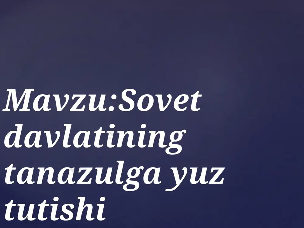 zning qaysarligi hamda respublikalar jam oat chiligining ta ’siri ostida markazdan ajraiish harakati kuchayib bordi, 1990— yil bahorida b oltiqbo‘yidagi latviya, litva, estoniya respublikalari, keyinroq gruziya va ozarbayjon sssr tarkibidan chiqqanligini e ’lon qildilar. markazda va joylarda: «sssr konstitutsiyasi va qonunlari ustunmi yoki respubiika konstitutsiyasi va qonunlari ustunm i?»- degan m asalada b ah s-m unozaralar kuchaydi. markazdagilar: «kuchli m a rk a z -k u c h li resp u b lik a lar» ,- desa; jo y la rd ag ila r: «kuchli respublikalar-kuchli markaz»,- der edilar. 1991— yil 21-avgustda o'zbekiston respublikasi prezidenti o'z farmoni bilan o'zbekiston hududida hokimiyat va boshqaruv idoralari, korxonalar, tashkilotlar ham da muassasalarning qabul qilgan barcha qarorlari va ularning ijrosi sssr va o'zbekiston ssr konstitutsiyalariga ham da qonunlariga, o'zbekiston respublikasi prezidenti farmonlariga va vazirlar mahkamasining qarorlariga so'zsiz mos kelishi kerak, deb belgilab qo'ydi. foydalanilgan adabiyotlar: 1. o 'zbekiston respublikasining konstitutsiyasi. “ o 'zbekiston” , …