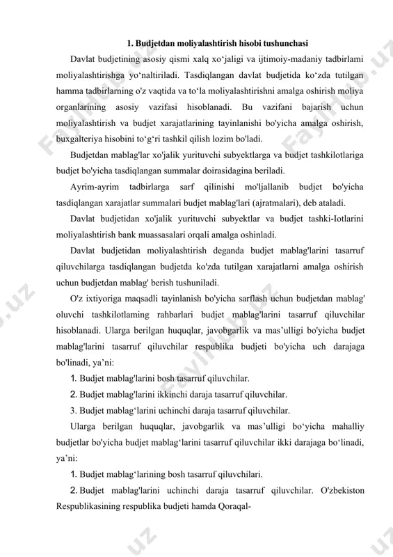 chinchi daraja tasarruf qiluvchilar. ularga berilgan huquqlar, javobgarlik va mas’ulligi bo‘yicha mahalliy budjetlar bo'yicha budjet mablag‘larini tasarruf qiluvchilar ikki darajaga bo‘linadi, ya’ni: 1. budjet mablag‘larining bosh tasarruf qiluvchilari. 2. budjet mablag'larini uchinchi daraja tasarruf qiluvchilar. o'zbekiston respublikasining respublika budjeti hamda qoraqal- pog'iston respublikasi budjeti bo'yicha budjet mablag'larini bosh tasarruf qiluvchilar vazirliklar, idoralar va boshqa markaziy tashkilotlarning rahbarlari hisoblanadi. mahalliy budjetlar bo'yicha budjet mablag'larini bosh tasarruf qiluvchilari hokimiyatlarning boshqarma(bo'lim) boshliqlari hisob​lanadi. budjet mablag'larini ikkinchi daraja tasarruf qiluvchilar tasarrufida tashkilotlari bo'lgan tashkilotlarning rahbarlari hisoblanadi. budjet mablag'larini bosh va ikkinchi daraja tasarruf qiluvchilari tasarrufidagi tashkilotlarning rahbarlari budjet mablag'larini uchinchi daraja tasarruf qiluvchilari hisoblanadi. budjet mablag'larini uchinchi daraja tasarruf qiluvchilarga budjetdan olgan budjet mablag'larini mustaqil sarflash huquqi berilgan. mahalliy budjetlar bo'yicha budjet mablag'larini tasarruf qiluvchilaming ikki darajaga bo'linishi mahalliy organlaming ikki bo'g'inga bo'linishi bilan bog'liqdir. quyi darajadagi budjet mablag'larini tasarruf qiluvchilar, ularga berilgan huquq doirasiga qarab quyidagilarga bo'linadi: 1) budjet mablag'larini tasarruf qiluvchilar tomonidan …