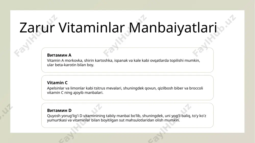 ale, shuningdek, broccoli, brüssel qovun va ba'zi sabzavot yog'lari kabi. vitamin k qisqarish va sog'liqqa xavf-xatarlari k vitaminining yetarlichasi qon oqimini va qon tomirlarida ko'chishni oshirishi mumkin, shuningdek, suyak qirg'oqlarining va osteoporozning o'sishiga olib kelishi mumkin. suyuqlikda eriyuvchi vitaminlarni tushunish su bilan eritiladigan vitaminlar nimalar? vitamin c va b-kompleks vitaminlari. suy bilan halqalanadigan vitaminlar foydasi suvda eriyuvchi vitaminlar energiya ishlab chiqarish, immun tizimning faoliyati va sog'lom teri va soch oshirishni saqlashda ahamiyatli rol o'ynaydi. ular shuningdek antioksidant sifatida faol bo'lib, kollagen suyuqlikda eriyuvchi vitaminlarning oziq-ovqat manbalari oziq-ovqatlar suvda eriyadigan vitaminlardan boy, citrus mevalari, qovoq bodringlari, yashil sabzavotlar, butun bug'doy mahsulotlari va yog'li go'shtlar kabi. pishirish usullari, masalan, bug'orlash yog'li vitaminlar va ularning vazifalari yog'li vitaminlar yog'li vitaminlar a, d, e va k ni o'z ichiga oladi, ular ko'z ko'rish, sirtqa sog'ligi va qonning qaynashini o'z ichiga olgan bo'limlari uchun zarurdir. yog'li vitaminlarining vazifalari vitamin a ko'z ko'rsatish va immun tizimni …