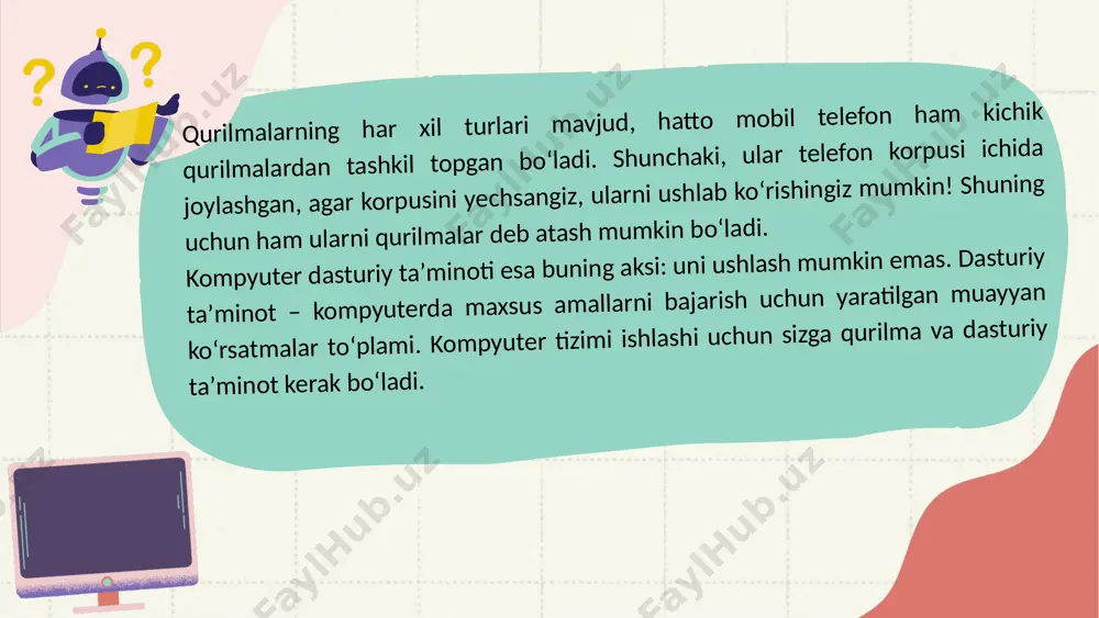 va uni boshqa komponentlarga yetkazadi. qattiq disk (1.03-rasmga qarang) dasturlar va maʼlumotlarni saqlash uchun foydalaniladigan xotira turi. kompyuter undan ma’lumotlarni oʻqishi va yozishi mumkin (biz “undan oʻqishi” deganda qattiq diskdagi faylni ochishi va kontentni xotiraga yuklashni nazarda tutamiz; “unga yozish” deganda esa qattiq diskka saqlash tushuniladi). disk o‘quvchi qurilma(diskovod)-ning har xil turlari mavjud boʻlib, ular asosan diskni aylantirish orqali ishlaydi va oʻqish/yozish uchun disk golovkasidan foydalanadi. qattiq disklar uchun magnitli golovka ishlatiladi. 1.03-rasm tashqi qurilmalar kompyuterning turli tashqi qurilmalari mavjud bo‘lib, koʻp uchraydiganlari klaviatura, sichqoncha, trekpad, printer va skaner qurilmalari hisoblanadi. dasturiy taʼminot (software) kompyuter tizimini ishga tushiruvchi koʻrsatmalar toʻplami dasturiy taʼminot deb ataladi. kompyuter tizimi juda takomillashgan, zamonaviy yoki qimmatbaho qurilmalardan tashkil topgan boʻlishi mumkin. ammo ishlashi uchun bajarilishi kerak boʻlgan koʻrsatmalar boʻlmasa, ushbu qurilmalar orqali ishni tashkil etib bo‘lmaydi. dasturiy taʼminotning ikkita asosiy turi mavjud: • tizimli dasturiy ta’minot kompyuter ish faoliyatini tashkil etish uchun zarur bo‘lgan dasturlar; …