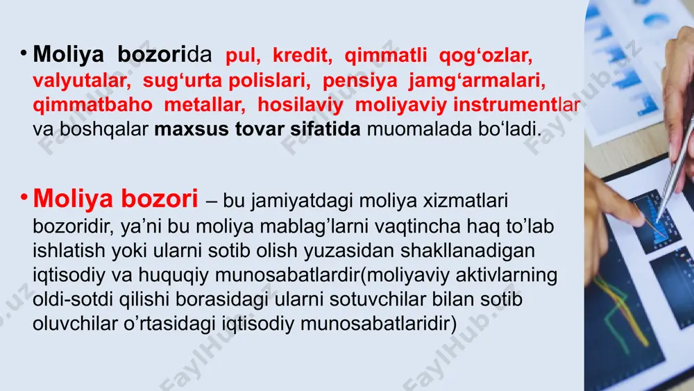 a, qimmatli qog‘ozlar, sug‘urta va pensiya polislari, derivativlar va boshqa turdagi moliyaviy mahsulotlar) bilan bog‘liq tashkillashgan iqtisodiy- huquqiy-informatsion mexanizm bilan ta’minlangan munosabatlarni iqtisodiyot sub’ektlari tomonidan maqsadli amalga oshirilishi uchun zaruriy bozor sharoitlarini yaratib beruvchi majmua sifatida namoyon bo‘luvchi tizim. boshqacha qilib umumlashtirib ayitilsa, moliya bozori - moliyaviy instrumentlar bo‘yicha talab va taklif funksiyasi hamda ular vositasida jamg‘armalarni investitsiyalarga transfomatsiyalanishi uchun zaruriy shart-sharoitlar va qulay muhitni ta’minlab beruvchi, faoliyati maxsus iqtisodiy-huquqiy- informatsion mexanizm bilan ta’minlangan va tartibga solinuvchi murakkab tizim - moliya-kredit tizimining alohida bo‘g‘ini (tarkibiy qismi)dir. uning iqtisodiy tuzilmasiga quyidagi bozorlar kiradi: -pul bozori. -qisqa, o‘rta va uzoq muddatli kreditlar bozori; -qisqa, o‘rta va uzoq muddatli depozitlar bozori; -qisqa, o‘rta va uzoq muddatli qimmatli qog‘ozlar bozori; -valyutalar bozori; -repo bozori; -qisqa, o‘rta va uzoq muddatli derivativlar bozori; -kapitallar bozori: -investitsiya, hayriya va boshqa turdagi fondlar bozori; -sug‘urta bozori; -pensiya bozori; -tuzilmalashtirilgan moliyaviy mahsulotlar va shu kabilar bozori. qayta sotib olish …