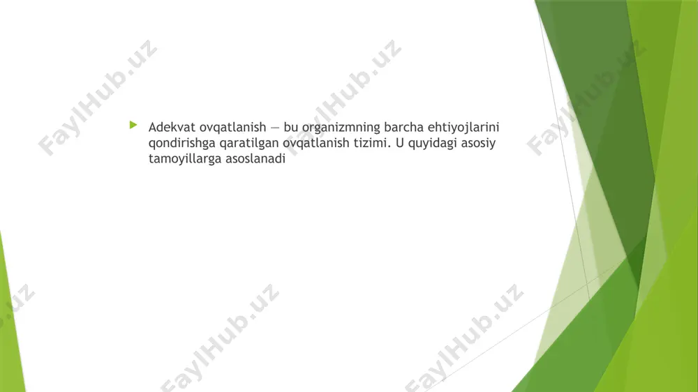 shunoslar tana o‘lchami indeksiga qarab kaloriyalar miqdorini hisoblashni tavsiya qilishadi. bu qiymat odam bo‘yi va vazni o‘rtasidagi nisbatni hisoblash, shuningdek, mavjud vazn normal, yetarli emas yoki ortiqcha ekanini aniqlash imkonini beradi. jahon sog‘liqni saqlash tashkiloti ma’lumotlariga ko‘ra, tana o‘lchami indeksi 18,5-24,9 orasida bo‘lsa, normal sanaladi. agar ko‘rsatkichlaringiz mana shu chegaradan chiqsa, ratsion kaloriyasi va porsiya o‘lchamini qayta ko‘rib chiqish kerak. tuzuvchi: holmamatov ahadjon image1.jpeg image2.jpeg image3.jpeg /docprops/thumbnail.jpeg