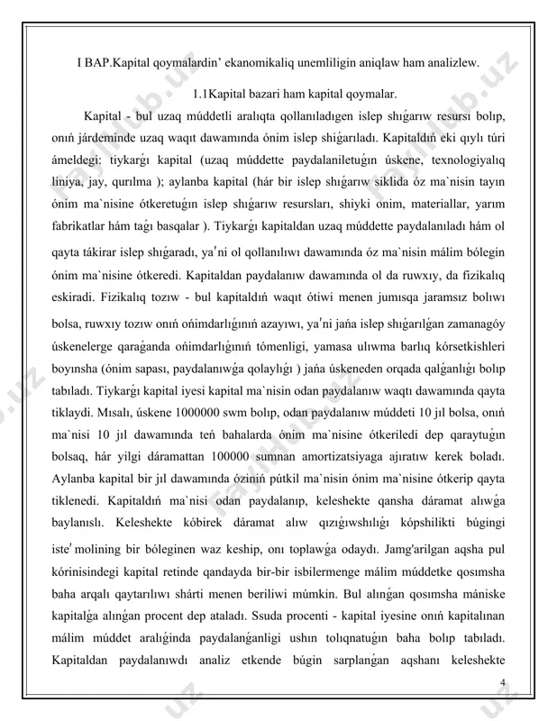 m bólegin ónim ma`nisine ótkeredi. kapitaldan paydalanıw dawamında ol da ruwxıy, da fizikalıq eskiradi. fizikalıq tozıw - bul kapitaldıń waqıt ótiwi menen jumısqa jaramsız bolıwı bolsa, ruwxıy tozıw onıń ońimdarlıǵınıń azayıwı, ya′ni jańa islep shıǵarılǵan zamanagóy úskenelerge qaraǵanda ońimdarlıǵınıń tómenligi, yamasa ulıwma barlıq kórsetkishleri boyınsha (ónim sapası, paydalanıwǵa qolaylıǵı ) jańa úskeneden orqada qalǵanlıǵı bolıp tabıladı. tiykarǵı kapital iyesi kapital ma`nisin odan paydalanıw waqtı dawamında qayta tiklaydi. mısalı, úskene 1000000 swm bolıp, odan paydalanıw múddeti 10 jıl bolsa, onıń ma`nisi 10 jıl dawamında teń bahalarda ónim ma`nisine ótkeriledi dep qaraytuǵın bolsaq, hár yilgi dáramattan 100000 sumnan amortizatsiyaga ajıratıw kerek boladı. aylanba kapital bir jıl dawamında óziniń pútkil ma`nisin ónim ma`nisine ótkerip qayta tiklenedi. kapitaldıń ma`nisi odan paydalanıp, keleshekte qansha dáramat alıwǵa baylanıslı. keleshekte kóbirek dáramat alıw qızıǵıwshılıǵı kópshilikti búgingi iste′molining bir bóleginen waz keship, onı toplawǵa odaydı. jamg'arilgan aqsha pul kórinisindegi kapital retinde qandayda bir-bir isbilermenge málim múddetke qosımsha baha …