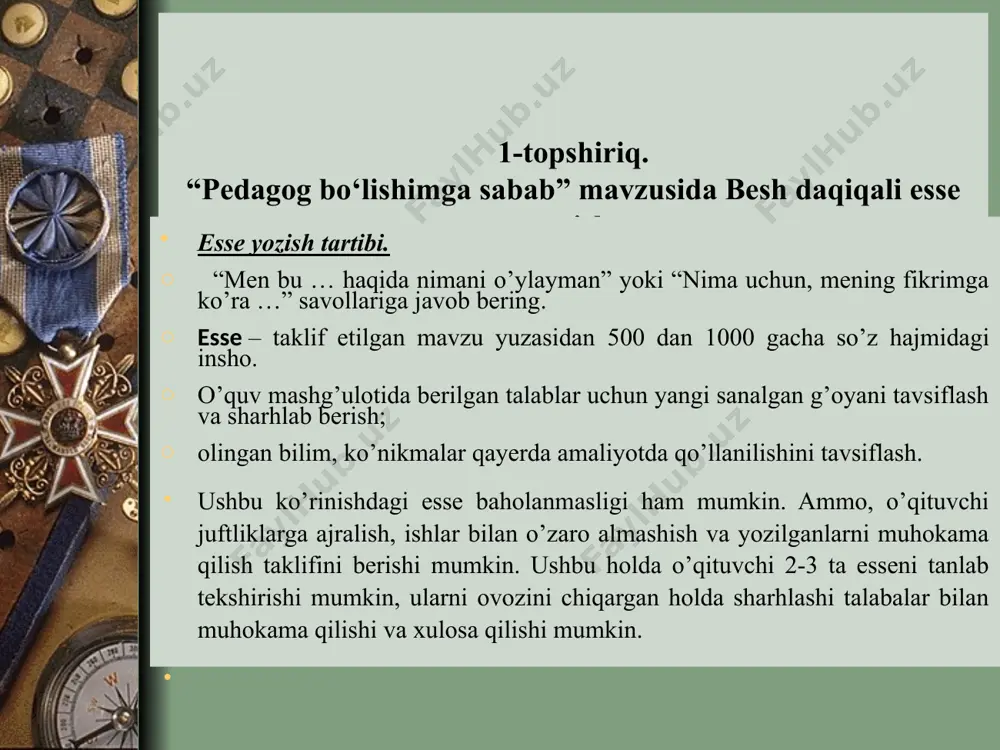 lari mustasno) pedagogik faoliyat bilan shug‘ullanish huquqi beriladi. + ta’lim tashkilotlari pedagog xodimlarining kasbiy faoliyatiga aralashishga, ta’lim oluvchilarning bilimlarini to‘g‘ri va xolis baholashga ta’sir ko‘rsatishga, shuningdek ushbu pedagog xodimlarning xizmat majburiyatlarini bajarishiga to‘sqinlik qilishga yo‘l qo‘yilmaydi. + pedagog xodimlarni ularning lavozim majburiyatlari bilan bog‘liq bo‘lmagan har qanday boshqa ishga jalb qilish taqiqlanadi. + ishlab chiqarish ta’limi ustalari qayta tayyorlash kurslaridan o‘tmasdan professional ta’lim tashkilotlarida pedagogik faoliyat bilan shug‘ullanishga haqli. + zarurat bo‘lganda professional ta’lim tashkilotlari ishlab chiqarish ta’limi ustalarini, shuningdek tegishli bilim hamda amaliy ko‘nikmalarga ega bo‘lgan, oliy ma’lumoti bo‘lmagan boshqa mutaxassislarni amaliy va qo‘shimcha mashg‘ulotlarni olib borish uchun jalb etishi mumkin. + 2.2-topshiriq. ta’lim to‘g‘risidagi qonunda o‘qituvchining maqomi va ular faoliyatining kafolatlarini aniqlashda charxpalak metodi № fikr (g‘oya, munosabat,xulosa) sharx 1 dehqon va muallim dehqon nopob urug‘ sepsa, achchiq “hosili”ni bir o‘zi “o‘rib oladi”. o‘sha yili. o‘qituvchi bolaning qalbiga nobop urug‘ sepsa, achchiq “hosili”ni butun jamiyat o‘rib oladi. yigirma …