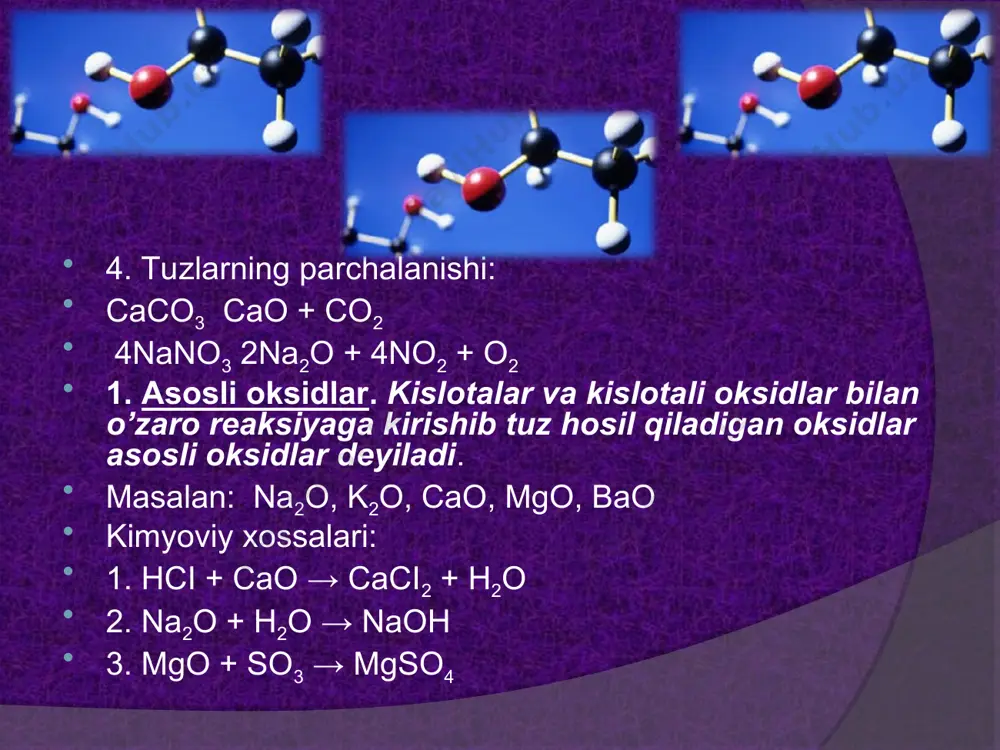 ga to’liq almashinishi yoki asoslar tarkibidagi (oh) guruh kislota qoldig’iga to’liq almashinish natijasida normal tuzlar hosil bo’ladi. masalan: na2so4, feso4. nomlanishi. metall nomiga kislota nomi qo’shib aytiladi. nano3 - natriy nitrat na3po4 – natriy fosfat o’zgaruvchan valentli metallarning tuzlari bo’lsa: fe(no3)2 - temir (ii) nitrat; fe2 (so4)2 – temir (iii) sulfat. texnikaviy nomi bilan: naci - osh tuzi; na2co3 – sodda, k2co3 – potash; kno3 – kaliyli selitra. 2.nordon tuzlar. kislota tarkibidagi h2 atomlarining bir qismi metallga almashinganda hosil bo’lgan tuz nordon (gidro) tuz deyiladi. nomlanishi. nahso4 – natriy bisulfat (yoki natriy gidrosulfat); nahco3 – natriy bikarbonat (yoki natriy gidrokarbonat); nah2po4 – natriy digidrofasfat; ca(h2po4)2 – kalsiy digidrofasfas;, ai2(hpo4)3 – alyuminiy gidrofosfat nordon tuz suvli eritmaldarida quyidagicha dissosiyalanadi: nahso4↔na++hso4-; hso4- ↔ h+ + so4-2 оlinishi: 1. kislotalarga oz miqdorda asos ta’sir etirib: h2so4 + koh = khso4 + h2o 2. normal tuzlarga kislotalar ta’sir etirib: ca3(po4)2 + h3po4 = 3cahpo4 …