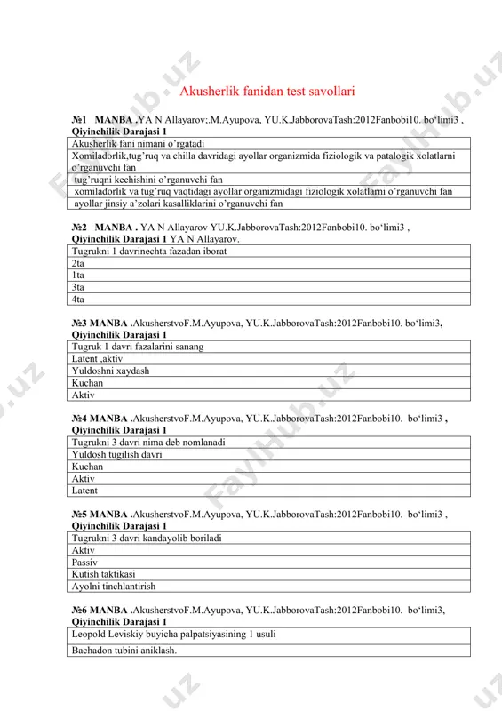 qiyinchilik darajasi 1 tugruk 1 davri fazalarini sanang latent ,aktiv yuldoshni xaydash kuchan aktiv №4 manba .akusherstvof.m.ayupova, yu.k.jabborovatash:2012fanbobi10. bo‘limi3 , qiyinchilik darajasi 1 tugrukni 3 davri nima deb nomlanadi yuldosh tugilish davri kuchan aktiv latent №5 manba .akusherstvof.m.ayupova, yu.k.jabborovatash:2012fanbobi10. bo‘limi3 , qiyinchilik darajasi 1 tugrukni 3 davri kandayolib boriladi aktiv passiv kutish taktikasi ayolni tinchlantirish №6 manba .akusherstvof.m.ayupova, yu.k.jabborovatash:2012fanbobi10. bo‘limi3, qiyinchilik darajasi 1 leopold leviskiy buyicha palpatsiyasining 1 usuli bachadon tubini aniklash. xomila kismlarini aniklash xomila kelayotgan kismini aniklash kelayotgan kismi chanokka sukilgan sukilmaganini aniklash № 7 manba . akusherstvof.m.ayupova, yu.k.jabborovatash:2012fanbobi10. bo‘limi3 , qiyinchilik darajasi 1 leopold leviskiy buyicha palpatsiyasining 2 usuli xomila kismlarini aniklash. bachadon tubini aniklash xomila kelayotgan kismini aniklash kelayotgan kismi chanokka sukilgan sukilmaganini aniklash №8 manba .akusherstvof.m.ayupova, yu.k.jabborovatash:2012fanbobi10. bo‘limi3 , qiyinchilik darajasi 1 leopoldleviskiybuyichapalpatsiyasining 3usuli xomila kelayotgan kisminianiklash bachadon tubini aniklash xomila kismlarini aniklash kelayotgan kismi chanokka sukilgan sukilmaganini aniklash №9 manba .akusherstvof.m.ayupova, yu.k.jabborovatash:2012fanbobi5. bo‘limi 1 …