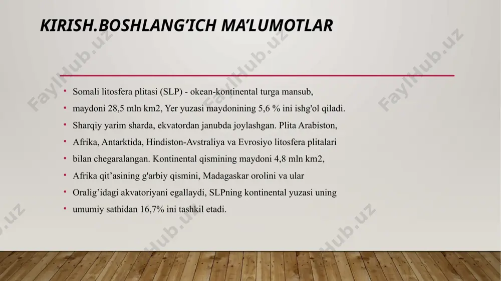 plitasi xaritasi madagaskar neft-gazli provinsiyasi madagaskar neft-gazli provinsiyasi haqida ma’lumot. umumiy qalinligi 8000 m ga yaqin yuqori karbon, trias-yura, bo'r, paleogen va neogenning terrigen, terrigen-karbonat jinslaridan tarkib topgan. uglevodorod uyumlari perm-trias va yuraning kontinental qum-gil jinslaridan iborat. provinsiya tsimiroro neft va bemulan bitum konlariga ega. slp qadimiy platformaning okean oldi egilmalaridan o'rin olgan madjung (maydoni 50000 km2) va morondov (maydoni 125000 km2) ngolardan iborat. maydonlar monand nomli graben va gorst sistemalari bilan murakkablashgan botiqlar bilan nazorat qilinadi. foydalanilgan adabiyotlar 1.абидов a.a. нефтегазоносность литосферных плит. т.: «фан», 1994 2. абидов a.a., хайн b.e., марасанова н.в. международная научно-техническая конференция «геодинамика и углеводородный потенциал бассейнов центральной и восточной азии»//геология нефти и газа. - 2005. - № 5 3. бакиров а.а., варенцов м.и., бакиров е.а. нефтегазоносные провинции и области зарубежных стран. м.: «недра», 1971 e’tiboringiz uchun rahmat ! image2.jpeg image3.png image4.jpeg image5.jpeg image6.jpeg image1.jpeg
