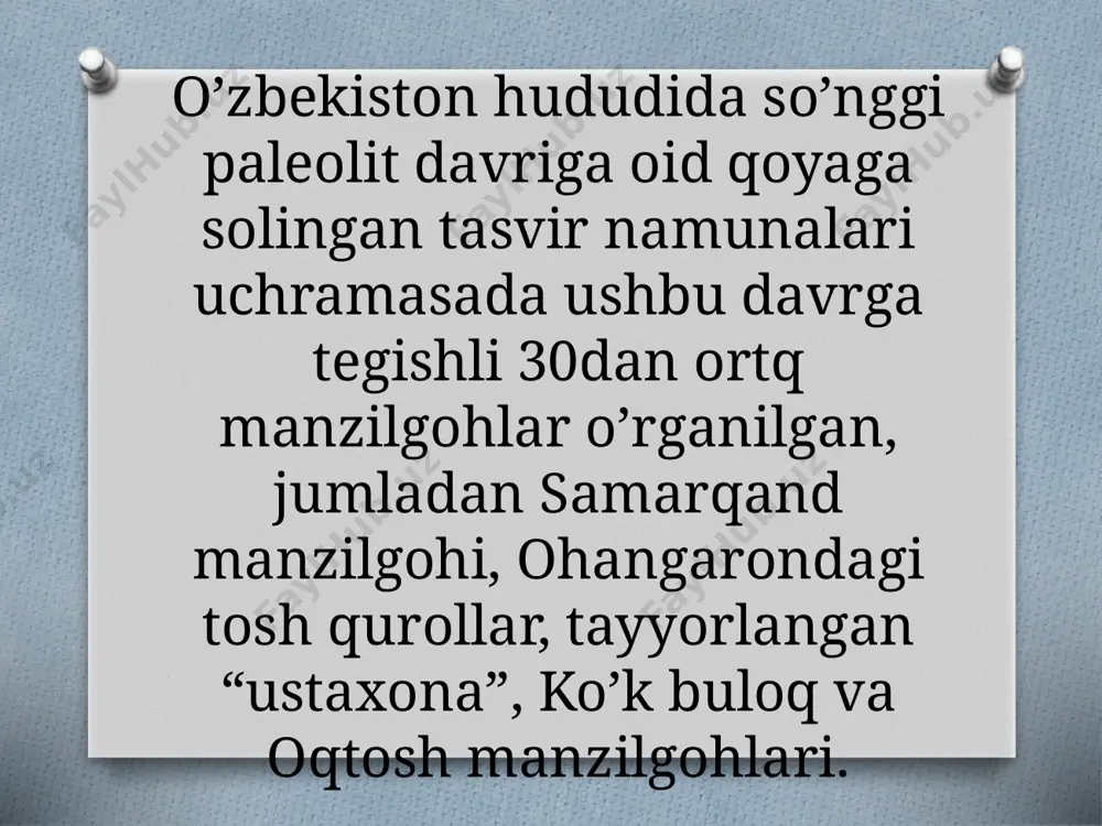 h artefaktlar: 1 4, 9, 11 12 yadroli; 5 mikronuqta; 6 qirg'ich; 7 - oxirgi qirg'ich; 8, 10 - to'mtoq qirrali plitalar shunday bo’lsa-da, ta’kidlash joizki, rivojlangan so’nggi paleolit kontekstida qo’pol chopquvchi qurollarning mavjudligini va ikkinchi tomondan, mikroplastinkasimon mahsulotlarning yo’qligini (ular chaqmoqlab olingan nukleuslarning mavjud bo’lishiga qaramasdan) madaniy yotqiziqlarning stratigrafik konteksti masalalari hamda samarqand makonini qazishda qo’llanilgan va hozirgidan farq qiladigan metodik yondoshuvlarning natijasi bo’lishi mumkin. ancha kengroq analogiyalar masalasiga kelsak (geografik jihatdan), aytish joizki, bundan 25-18 ming yillar muqaddam yevrosiyoda mikrolizasiya hamda qo’ndoqli (qadama) qurollar ishlab chiqarishga bo’lgan barqaror tendensiyalarga ega madaniyatlar rivojlanadi. tosh qurollari to’daxotin industriyasiga eng yaqin (geografik va texnik-tipologik jihatdan) analogiyalarni xx asrning 60-80-yillarida ochilgan va intensiv o’rganilgan toshkent vohasidagi ko’lbuloqning yuqori qatlamlarida kuzatish mumkin. birlamchi chaqmoqlash texnikasi prizmatik va yonlama nukleuslardan mayda plastinkalar hamda karenesimon nukleus-qirg’ichchalardan mikroplastinkalar ishlab chiqarishga qaratilgan. tosh qurollari orasida retushlangan plastinkalar va mikroplastinkalar, mayda iskanasimon qurollar va qirg’ichchalar ustunlik qiladi. industriyalarni …