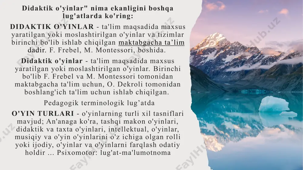 an rollar (talabalar ham, o'qituvchi ham), faoliyat tempi / ritmi, ishsiz sahnalar; "kichik guruhlar" da ishlash. ushbu uchta parametrga kompleks yo'nalish o'quvchilarga vaziyatni amalga oshirishni ta'minlashga imkon beradi. ularning motivatsion erkinligi (ixtiyoriyligi); ularning axborot tashabbusi (aloqa); ularning biznes vakolatlari (mustaqilligi). o'yinlarni boshqarishda uchta bosqichni ajratish kerak: tayyorgarlik, amalga oshirish, natijalarni tahlil qilish. 1.o'yinga tayyorgarlik quyidagilarni o'z ichiga oladi: o'yinning vaqtini (mashg'ulotlar paytida yoki darsdan tashqari soatlarda), joyni (guruh xonasida, saytda, sayrda va boshqalarni) hisobga olgan holda ma'lum bir yosh guruhini tarbiyalash va o'qitish vazifalariga muvofiq o'yinni tanlash.); ishtirokchilar sonini aniqlash (butun guruh, kichik guruh, bitta bola). o'yinga tayyorgarlik shuningdek, kerakli narsalarni tanlashni ham o'z ichiga oladi didaktik material (qo'llanmalar, o'yinchoqlar, rasmlar, tabiiy materiallar). o'qituvchi o'yinni tanlaydi, bolalarni o'ynashga taklif qiladi, o'zi boshlaydi va bolalarni taklif qiladi. a.i.sorokina quyidagi didaktik o'yinlarni turlari tafsiflagan: sayohat o'yinlari; buyurtma o'yinlari; taxminiy o'yinlar; jumboq o'yinlari; o'yinlar-suhbatlar. keling, har bir turni qisqacha tavsiflaymiz sayohat o'yinlari taassurotni …