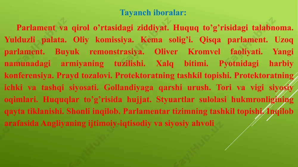 eodal hunarmandchiligining qoloq shakllari hukmronlik qildi. yangi paydo bo’layotgan burjuaziya tabaqasi savdo va erkin raqobatda o’rta asrlar monopoliyasining hukmronligini bekor qilishni talab qilib chiqa boshladi. nihoyat, angliyaning siyosiy tuzumi – absolyutizm endi burjuallashgan dvoryanlarni va burjuaziyani qoniqtirmay qo’ydi. xvi asr oxirlarida angliyada kapitalistik taraqqiyot bir qancha muvaffaqiyatlarni qo’lga kiritdi. «g’ov tutish» oqibatida dehqonlar yerdan mahrum qilindi, manufakturalar va savdo jadallik bilan o’sdi. ingliz burjuaziyasi va yangi dvoryanlar yanada boyib, mustahkamlandi. endi ular kuchli qirol hokimiyatining yordamiga muhtoj emasdilar. shu bilan birga ingliz qirollari bundan keyin ham cheklanmagan hokimiyatga ega bo’lish va boshqarishni orzu qildilar. buning uchun ular parlamentning ruxsatisiz soliq yig’ish va katta armiyaga ega bo’lish lozimligini tushunardilar. chunki bu vaqtda fransuz va ispan qirollari shunday vakolatlarga ega edilar. ammo angliyada vaziyat boshqacha rivojlandi. ingliz parlamentida burjuaziya va yangi dvoryanlarning vakillari ko’pchilikni tashkil qilar edi. ularning har ikkalasi savdo va sanoatning taraqqiyotidan bir xilda manfaatdor edilar. qirol o’z-o’zicha soliq yig’ish …