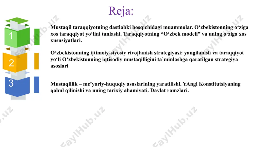otlarni amalga oshirishda turli xil sakrashlarsiz, ya’ni inqilobiy yo‘ldan emas, balki tadrijiy rivojlanish yo‘lidan borish tamoyilidir. islohotlarni amalga oshirishda davlat bosh mas’uliyatni o‘z zimmasiga olishi ana shunday tadrijiylikning muhim jihatidir. xalqaro tashkilotlar ham bugun o‘tish davri iqtisodiyotida, chuqur islohotlarni amalga oshirishda davlatning roli haqiqatan ham katta ekani, buni o‘zbekiston tajribasi amalda isbotlaganini keng tan oldi © copyright presentationgo.com – the free powerpoint template library 4 3. qonun ustuvorligi ; 2. davlat – bosh islohotchi, 1.iqtisodiyotning siyosatdan ustuvorligi ; 4. kuchli ijtimoiy siyosat yuritish; 5.bozor iqtisodiyotiga bosqichma-bosqich o‘tishga; taraqqiyotning “o‘zbek modeli” © copyright presentationgo.com – the free powerpoint library 5 istiqlolimizning eng buyuk yutuqlaridan biri – yurtimizda tarixan qisqa muddatda milliy davlatchiligimiz poydevori yaratilgani bilan bugun har qancha faxrlansak arziydi. milliy davlatchiligimizning eng muhim qadriyatlarini belgilab beradigan asosiy qonunimiz – o‘zbekiston respublikasi konstitutsiyasida mamlakatimizda davlat va jamiyat qurilishining asosiy tamoyillari o‘zining aniq ifodasini topgan bo‘lib, ular orasida davlat hokimiyatining qonun chiqaruvchi, …