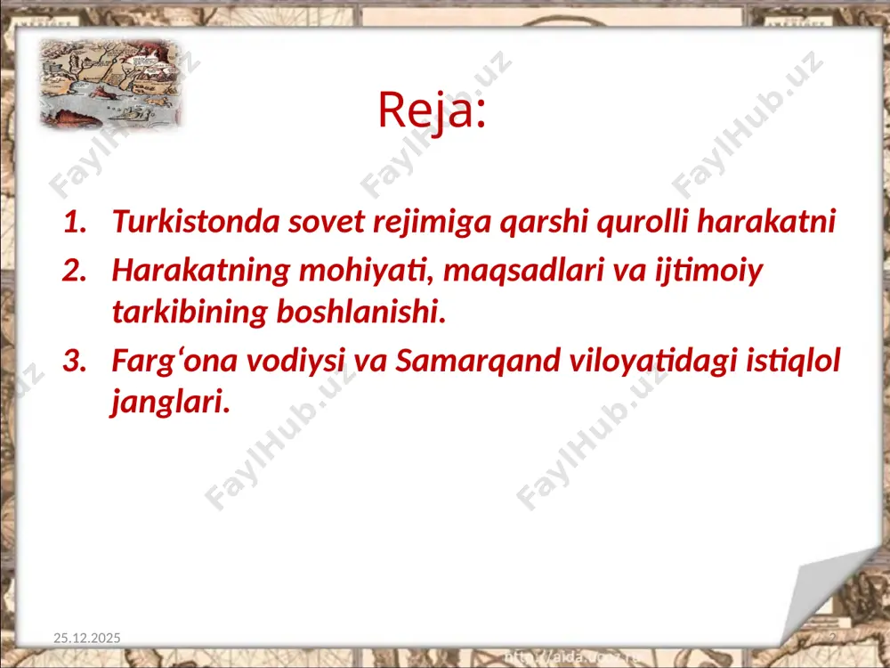 ga yarash muzokaralari boshlashni taklif qildi. 18.02.2019 6 shermuhammadbek turkistondagi harakat 1920-yilning yozi va kuzida o‘zining yangi bosqichiga qadam qo‘ydi. farg‘ona vodiysi va samarqand viloyatidagi vatanparvarlar bilan bir qatorda endilikda buxoro va xorazmda ham bosqinchi qizil armiyaga qarshi kurash boshlandi. 18.02.2019 7 1920-yil 3-mayda shermuhammadbek boshchiligida turkiston – turk mustaqil islom jumhuriyati tashkil topdi. shermuhammadbek istiqlolchilik harakatiga bosh bo‘ldi. keng miqyosdagi qatag‘onlar va qizil armiya tomonidan harbiy harakatlarning kuchaytirilishi ham istiqlolchilarni kurashdan qaytara olmadi. farg‘ona armiya gruppasi shtabining “mutlaqo maxfiy” ma’lumotlariga qaraganda, 1921-yil iyun – sentyabr oylarida viloyatda 200 dan ortiq qo‘rboshi guruhlari harakat qilgan. 18.02.2019 8 1921-yil 13-sentyabrda farg‘ona vodiysida favqulodda holat e’lon qilindi. 1921-yil noyabrda farg‘ona viloyatida sovet hokimiyati tomonidan harbiy diktatura o‘rnatildi va turkiston fronti harbiy inqilobiy kengashi a’zosi p.baranov farg‘ona viloyatining harbiy diktatori qilib tayinlandi. shermuhammadbek qo‘rboshi afg‘oniston davlatiga o‘tib ketgach, 1923 – 1924-yillarda farg‘ona vodiysidagi istiqlolchilar qo‘shiniga islom polvon va yormat maxsum kabi qo‘rboshilar rahbarlik …